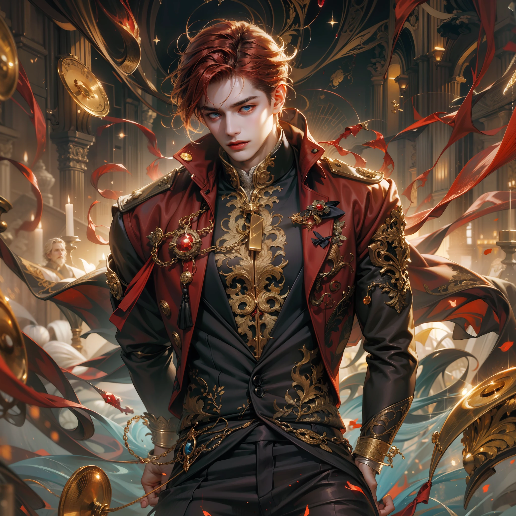 (absurdres, highres, ultra detailed), 1 male, young adult, handsome, tall muscular guy, broad shoulders, red hair, blue eyes, finely detailed eyes and detailed face, extremely detailed CG unity 8k wallpaper, intricate details, (style-swirlmagic:1.2), portrait, looking at viewer, solo, (full body:0.6), dynamic pose, detailed background, vampire, red aura, tangle, zentangle, entangle, red coat, gold amulet, dark shirt, black pants, gold detailing, sparkling red mist, floating red droplets, red energy emanating, urban area, night