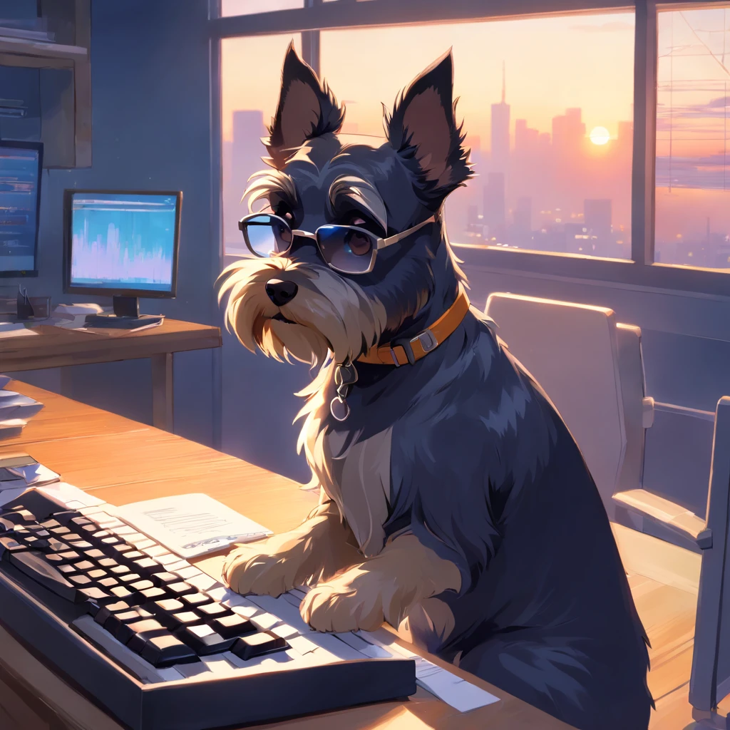 master part, um schnauzer, estilo matricial, casaco Preto, digitando num teclado, sentado em uma cadeira na frente do PC, sun glasses, Dynamic angle, best quality, 4k,