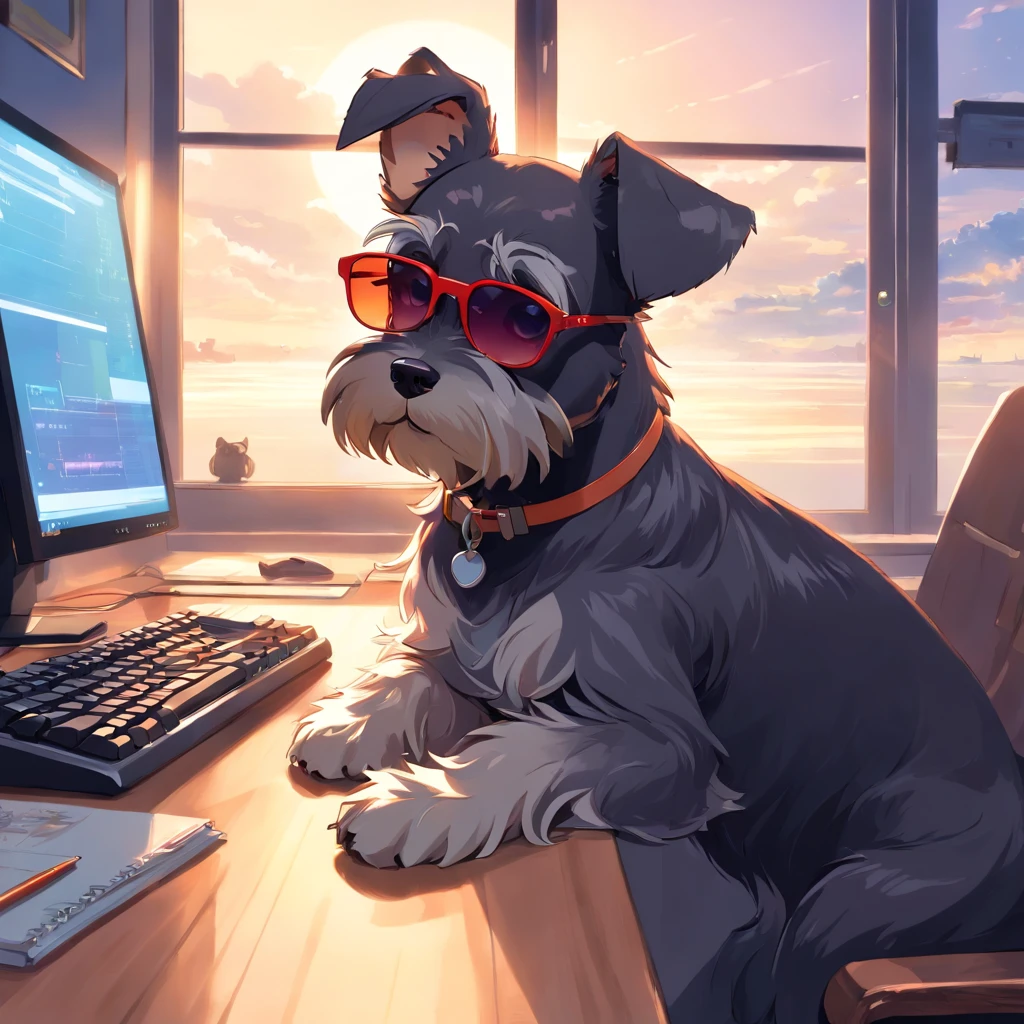master part, um schnauzer, estilo matricial, casaco Preto, digitando num teclado, sentado em uma cadeira na frente do PC, sun glasses, Dynamic angle, best quality, 4k,