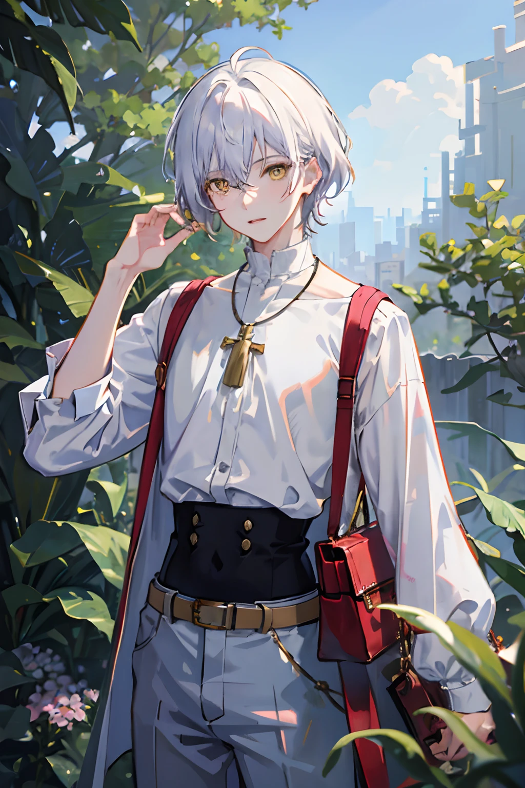 1boy, apple, bag, bangs, berry, White Hair, White shirt, yellow eyes, hair between the eyes, jewelry, foliage, looking at the audience, male focus, necklace, trousers, shirt, bara, look viewer, white tight transparent pants, watch, messy hair, trending on artstation, 8k resolution, high-detail, anatomically correct, sharp photo, digital painting, Concept Art, trending on pixiv, style of makoto shinkai,