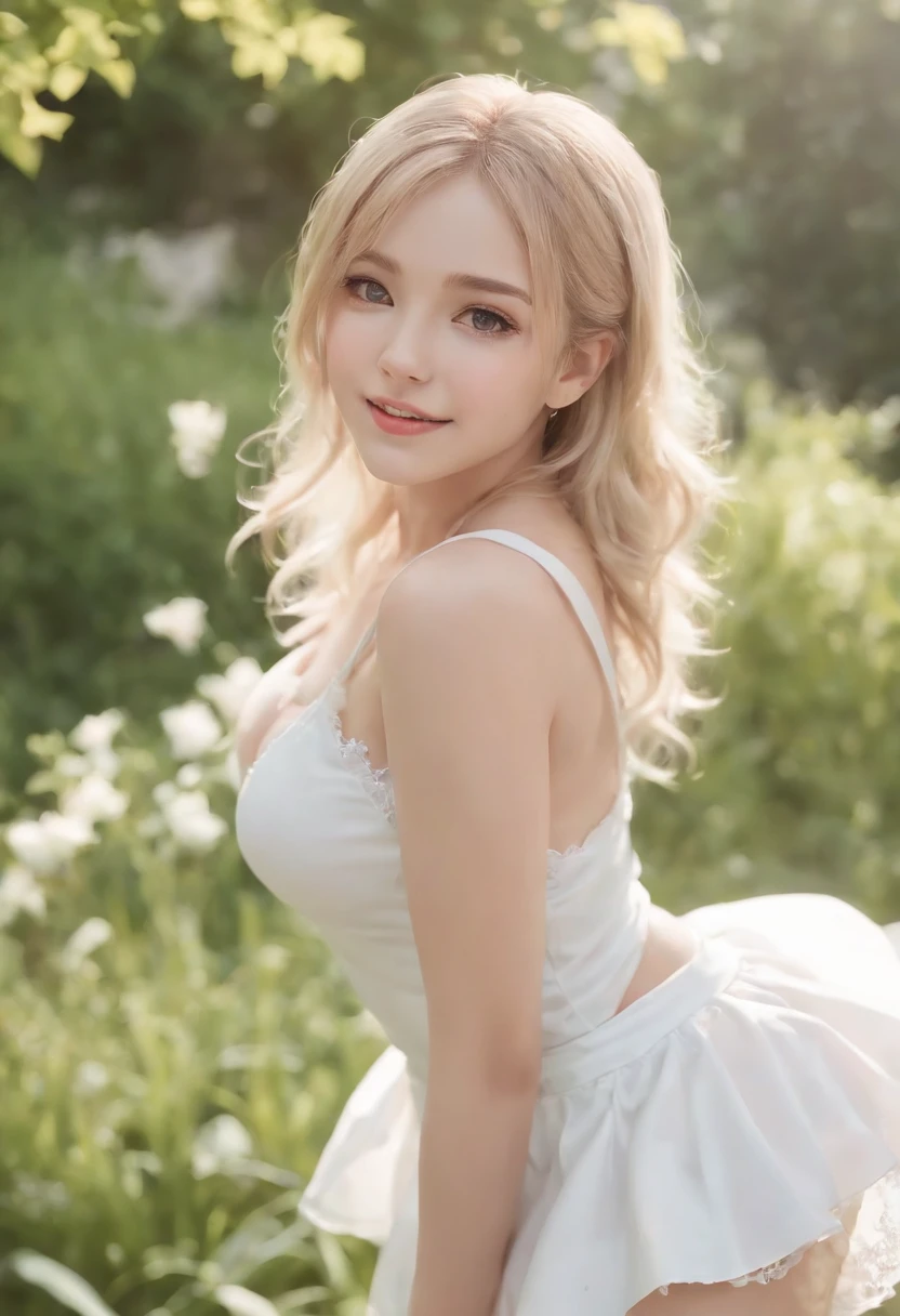 One woman　White　Russian　White　Long skirt　　　smile　forest　White dress　cherry blossoms　　Firm Skin　Beauty　high resolution　High precision　Blonde　White　White skin　Detailed skin　30 years old　blue eyes　Detailed face　　whole body　smile　Bobcut