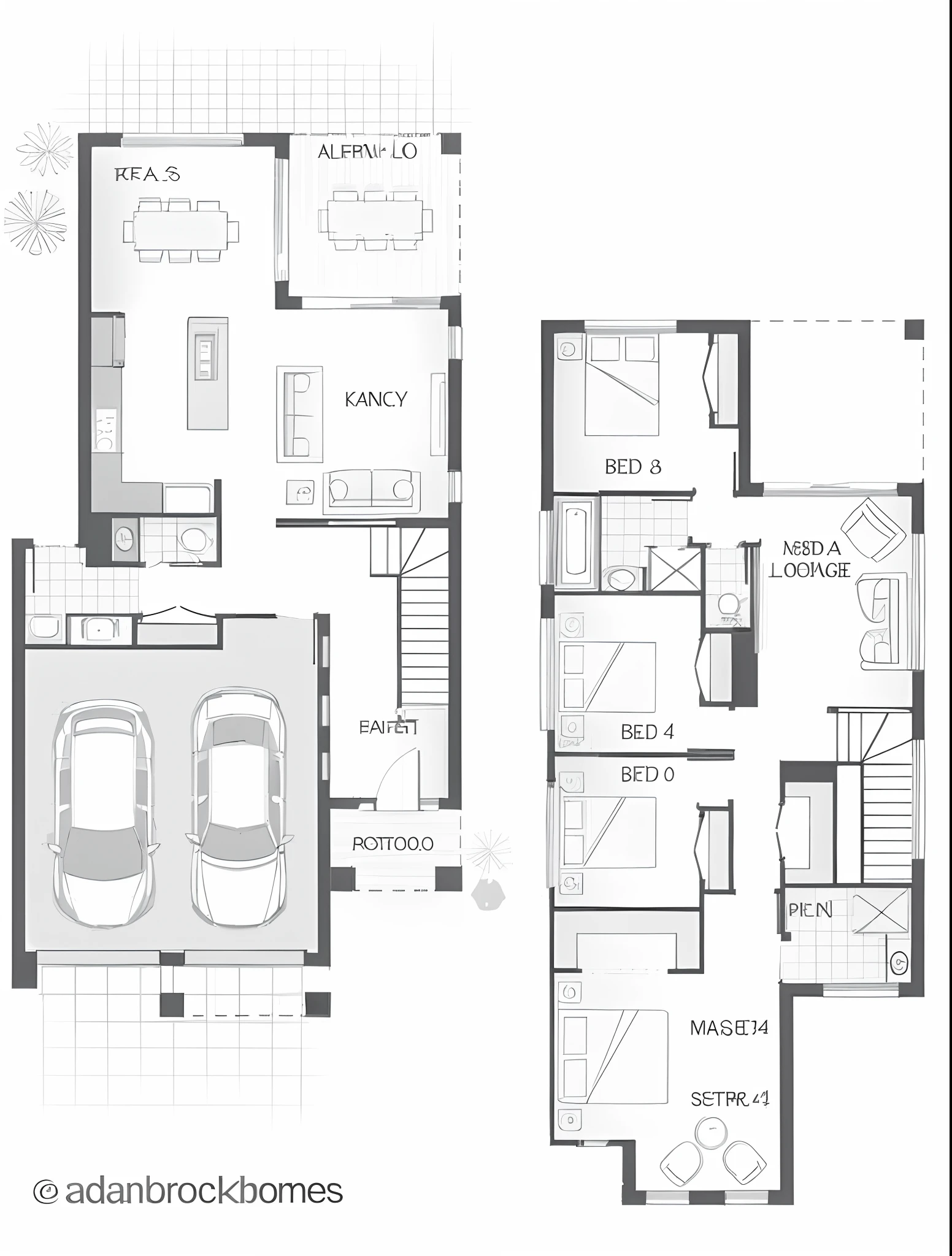 Un dibujo de una casa de dos pisos con un garaje y una sala de estar, Plano de planta, plano, Vista del plano de planta, plan, Dibujo de planos, Single floor plan, capturar, Planta abierta, niveles inferior y superior, rendering, altura completa, Genial, f4.5, Construction plans, desing, Planes, f 2 0, Multi nivel, f42