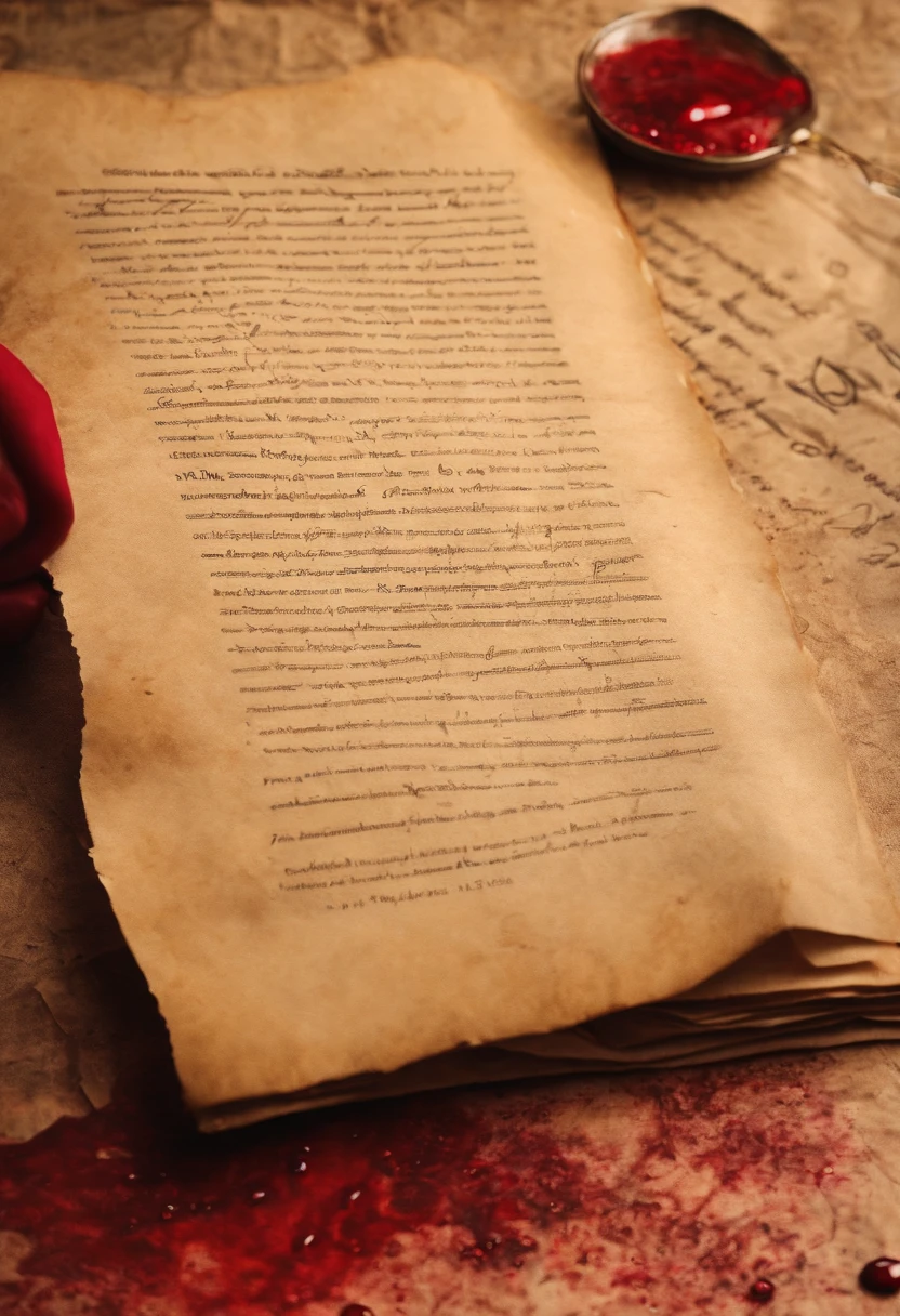 signing old paper with blood, focus on paper
