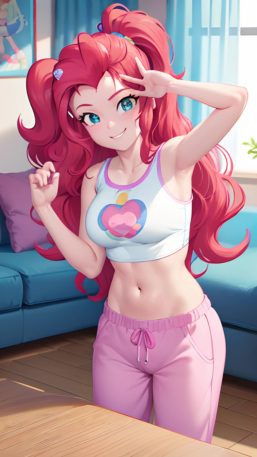 masterpiece, best quality, cowboy shot, solo, 1girl, mlppinkiepie, smile:0.5, looking at viewer, pink tank top, pink sweat pants, living room, indoors,dynamic lighting, slight smile, adult torso, 17 years old