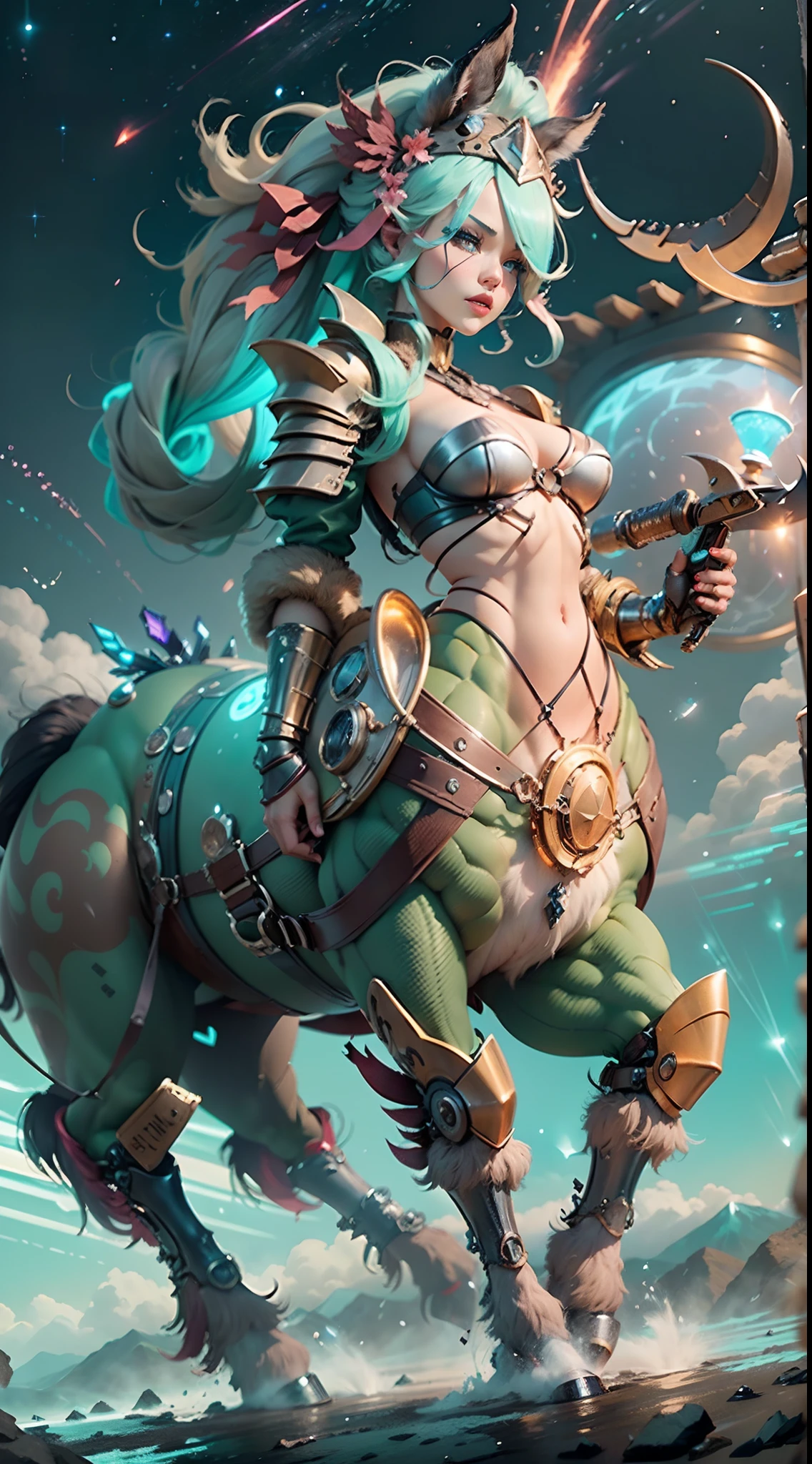 In a very grand scene，The extra-large wide-angle lens captures the appearance of a female centaur。（She is traveling through the stars：9.9），She is tall，It has the ultimate curvy beauty，The muscles are slender and firm，Beautiful lines。Her facial features are tough and coquettish，Always with a sunny smile。She wears special tight-fitting equipment with a strong sense of technology，Step on multifunctional off-road style heels，Delicate and practical protective gear is worn on the hands, feet, wrists, neck and shoulders。The detection equipment around you flashes various cue lights and neon-like information screens，Let her exude a charming brilliance。Use Midjourney's advanced tools，Design special tight-fitting equipment for female centaurs，Highlight her unique physiological characteristics and appearance details，Add realism。And in her adventure scene，Spectacular views of nature，Such as the sky where storms and sunny days alternate、Brilliant rivers of stars and auroras、The snow-capped summit of Mount Everest、Fireworks in the mountain town, etc。ao mesmo tempo，Away from the hustle and bustle of Long Beach Pier is a neon-lit spaceship docked，Create a fantastic scene。Use Midjourney's advanced tools and multiple color palettes、Brush Strokes、Texture tools and model packages，It shows a sense of atmosphere where beauty and charm coexist。The charm of the female centaur is highlighted through color and lines，Enhance realism with detailing，Create a surreal dreamy feeling。Additionally，Use Midjourney's tools to add a variety of extreme sports gear and cultural trinkets to the female centaur，Create intricate hairstyles and outfits，Give her a sense of premium。She never flinches，Regardless of the terrain，can respond quickly，Even the extreme geography and dangerous terrain of aliens cannot stop her。Use Midjourney's powerful tools，You can do it with incredible detail and beauty，Bring this ultra-grand and beautiful scene to life。Ultra-grand scenes，super wide shot， hdr，（真实感，Masterpiece quality，