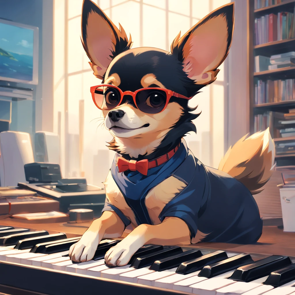 master part, um chihuahua, estilo matricial, casaco Preto, digitando num teclado, sentado em uma cadeira na frente do iphone, sun glasses, Dynamic angle, best quality, 4k,