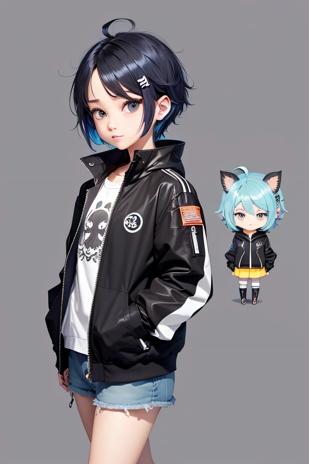 超A high resolution, Best aesthetic, Top quality depiction of the foot, Put on a jacket, Black and blue hair on the back, Flat Avatar, Anime visuals of cute girls, Cute art style, Chibi, Shorthair, Ahoge, is shy, A smile, hair adornments,drawing on paper, simple background, 耳环, jewely, side locks, large oval eyes,
