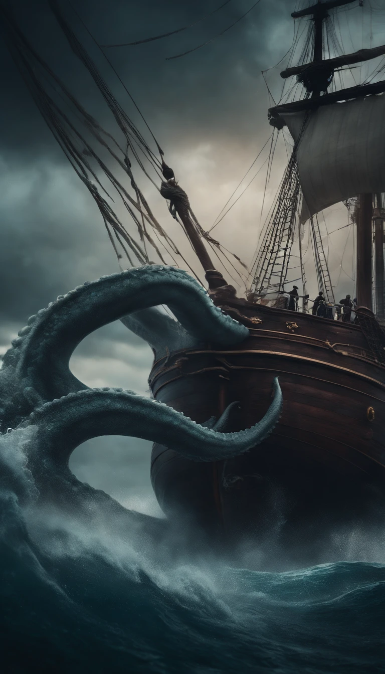 Sailing ship being swallowed by a giant Kraken, with its tentacles enveloping the vessel