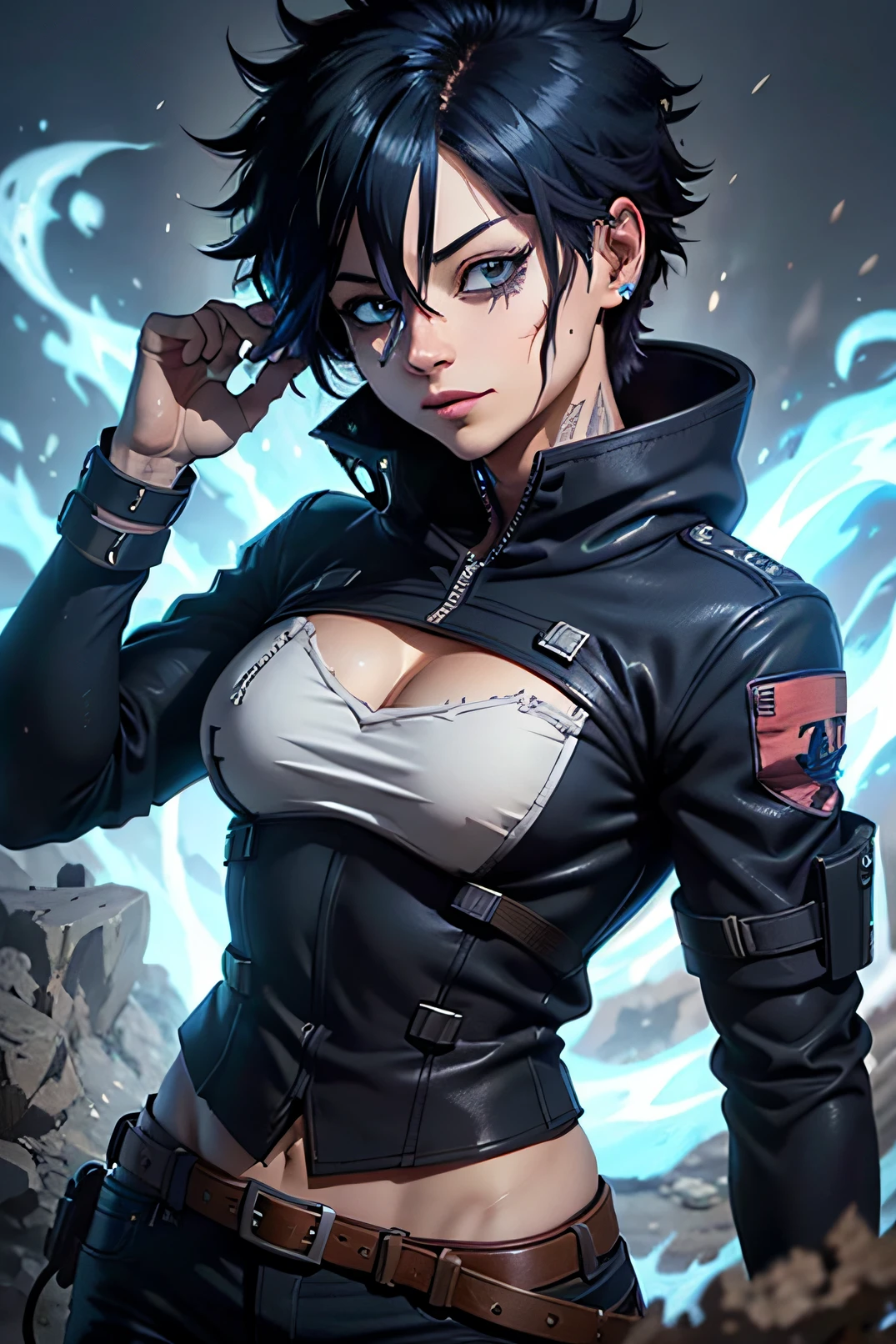 best quality, Woman,  master part, Beautiful girl, cara maliciosa, 1girl, olhos azuis vibrantes, malicioso, (My Hero Academia), long messy black hair, vestindo camisa branca e casaco preto, Woman, Dabi Todoroki, female, chamas azuis, fundo com chamas azuis, Earcuf, ((olheiras fortes)) pele queimada abaixo da boca, olhos azuis vibrantes, cara maliciosa (((Dabi Todoroki))) chamas azuis, olheiras fortes, pele queimada abaixo da boca, boa qualidade,garota, cabelos pretos, Villain, boku no hero academia, Toya todoroki | | | | | | | |, vestindo blusa branca com moletom preto, fundo em chamas azuis fortes, (((female))) low lighting, Beautiful girl lighting by blue flames, sorriso malicioso, Evil, villain long black hair messy, low lighting, Olhos azuis Brilhantes, rico em detalhes, Beautiful girl, Very detailed, Olhos maravilhosos e maus, Olhos azuis Brilhantes, olhar insano e malicioso, Ultra Detalhado, coberto de fogo azul, revenge, Dabi Todoroki, Boku in the academy of heroesbest quality, master part, Beautiful girl, cara maliciosa, 1girl, olhos azuis vibrantes, malicioso, (My Hero Academia), long messy black hair, vestindo camisa branca e casaco preto, Dabi Todoroki, chamas azuis, fundo com chamas azuis, Earcuf, ((olheiras fortes)) pele queimada abaixo da boca, olhos azuis vibrantes, cara maliciosa (((Dabi Todoroki))) chamas azuis, olheiras fortes, pele queimada abaixo da boca, boa qualidade, cabelos pretos, Villain, boku no hero academia, Toya todoroki | | | | | | | |, vestindo blusa branca com moletom preto, fundo em chamas azuis fortes, low lighting, Illumination by blue flames, sorriso malicioso, Evil, villain long black hair messy, low lighting, Olhos azuis Brilhantes, rico em detalhes, Very detailed, Olhos maravilhosos e maus, Olhos azuis Brilhantes, olhar insano e malicioso, Ultra Detalhado, coberto de fogo azul, revenge, Dabi Todoroki, boku no hero academia, Toga Himiko, Arlequina