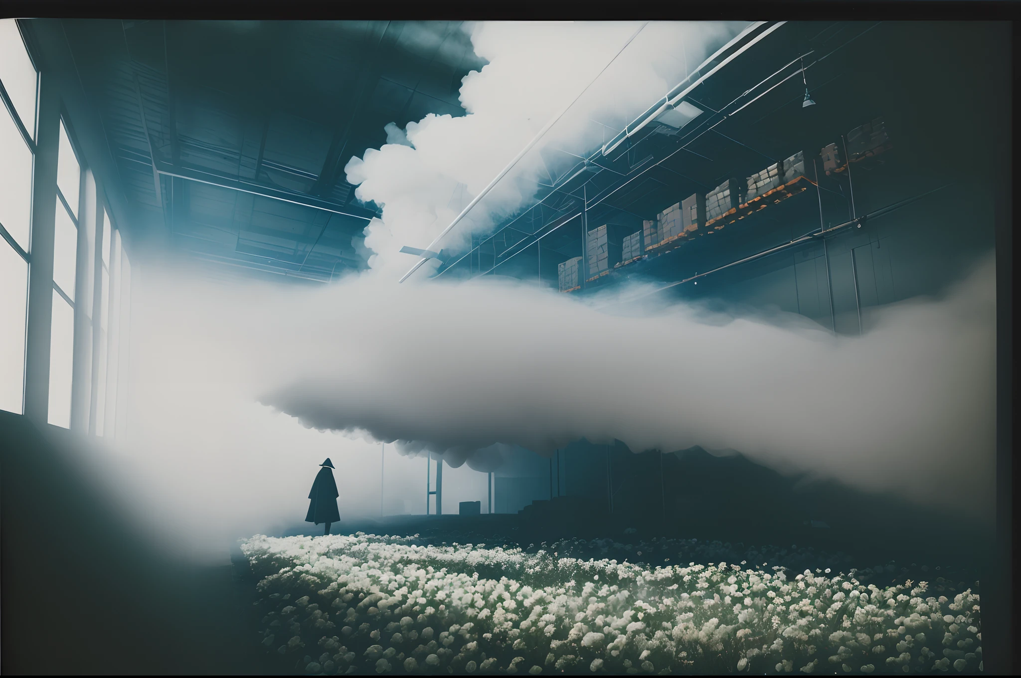 Polaroid image, warehouse floor watered floor, woman in black cape next to black goat, dark black background, fog, wall full of flowers and plants, ceiling coming out of smoke, bauhaus photography, floating structures, monochrome serenity