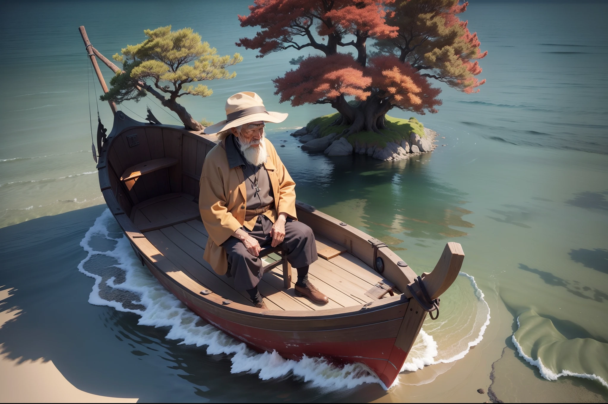 An very old fisherman, sitting in a wooden boat, fishing around of an isolated island, very dark sand on the beach, trees with autumn leaves, Japanese isolated little island, cloudy day, sunset, highly detailed, viewed from drone flying high over the sea, high point of view, great angular, medium shot. Photorealistic.
