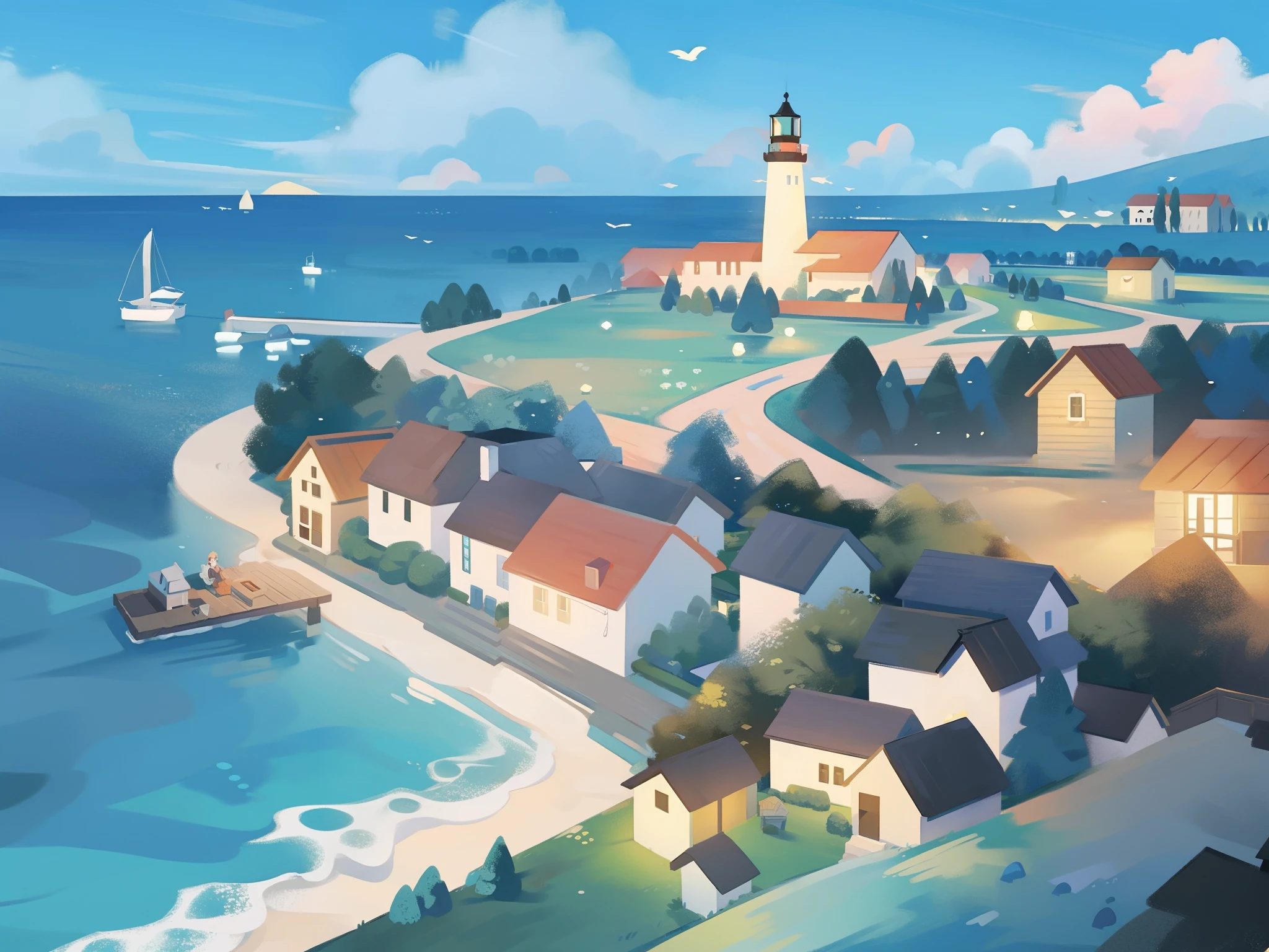 ocean fantasy, watercolor illustration, whimsical, warm colors, village, houses, huge lighthouse, ((masterpiece)), highly detailed environment
