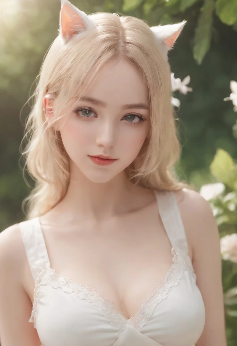 Cat-eared girl in white dress standing in garden, Break,A blonde long-haired,eBlue eyes,(((Sleeveless))), smiling mischievously, nedium breasts,(((Pull up the skirt to reveal the panties))),loli in dress, small curvaceous loli, (tchibi:1.3), Guviz-style artwork, Guweiz in Pixiv ArtStation, Guweiz on ArtStation Pixiv, Guviz, small li girl, Soft anime illustration, Anime visuals of cute girls, Detailed digital anime art, shaved pussy , topless, full naked , pequenos seios