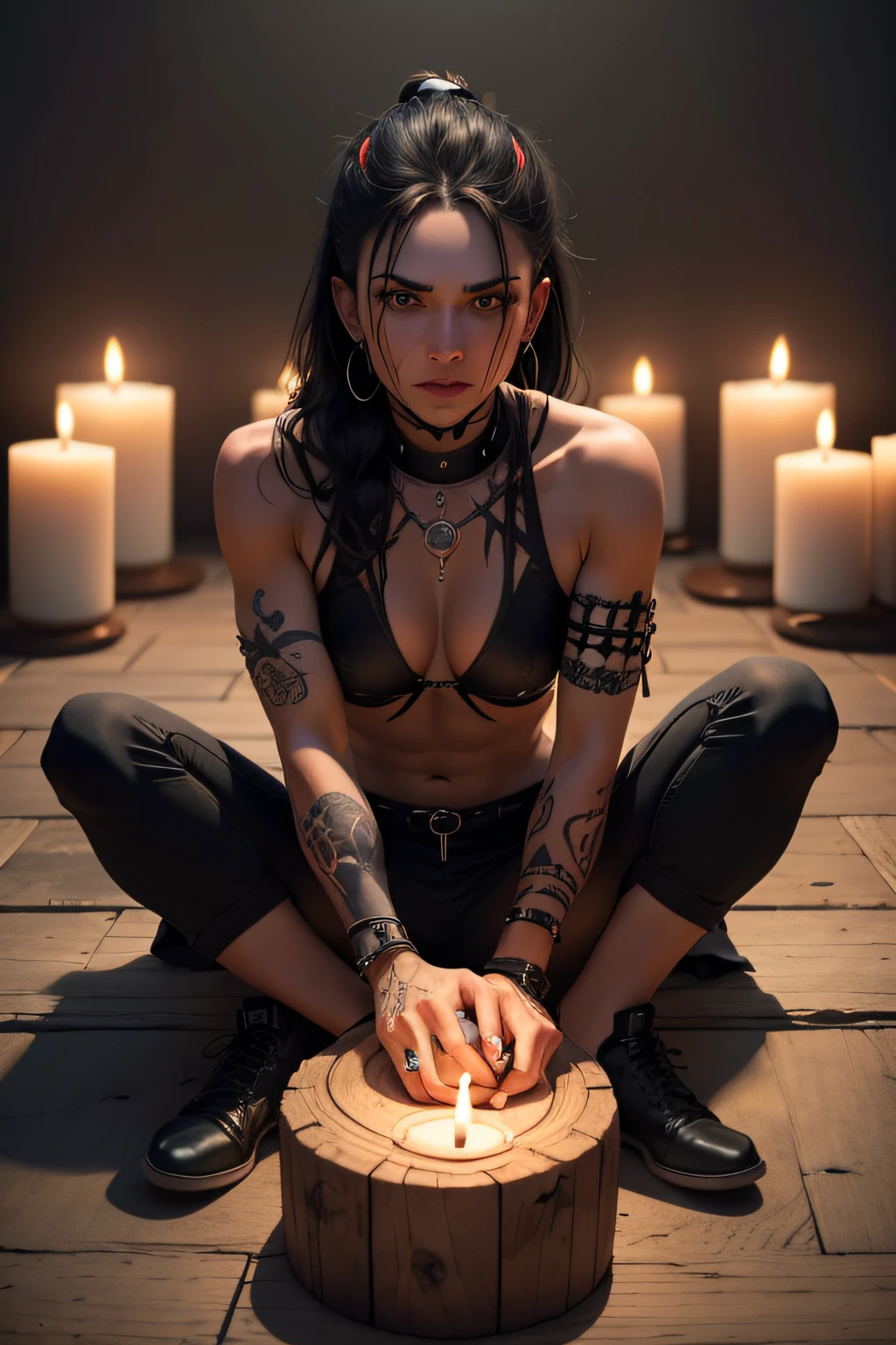 bruxa, without a hat, sitting on the floor with a circle of candles