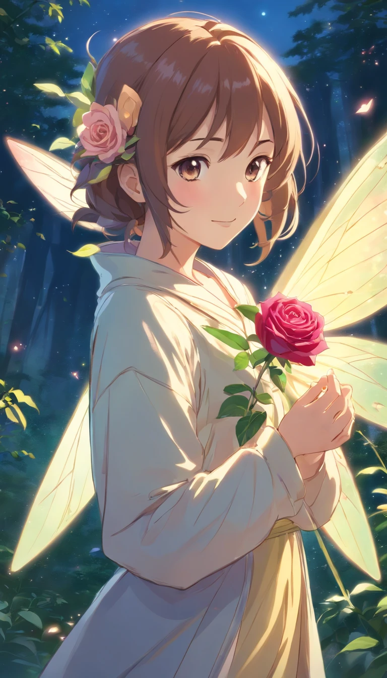 a drawing of a fairy with a rose in her hand, study of a flower fairy, fairy aesthetics, space flower fairy, faerie, portrait of a fairy, portrait of fairy, smiling as a queen of fairies, queen of the fairies, beautiful fairy, the non-binary deity of spring, fairy queen, elf girl wearing an flower suit, fairylike