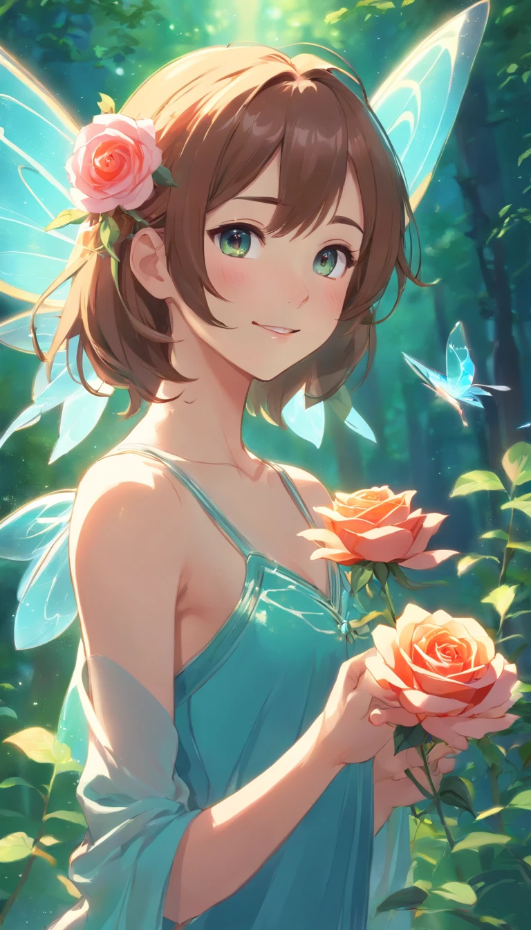a drawing of a fairy with a rose in her hand, study of a flower fairy, fairy aesthetics, space flower fairy, faerie, portrait of a fairy, portrait of fairy, smiling as a queen of fairies, queen of the fairies, beautiful fairy, the non-binary deity of spring, fairy queen, elf girl wearing an flower suit, fairylike