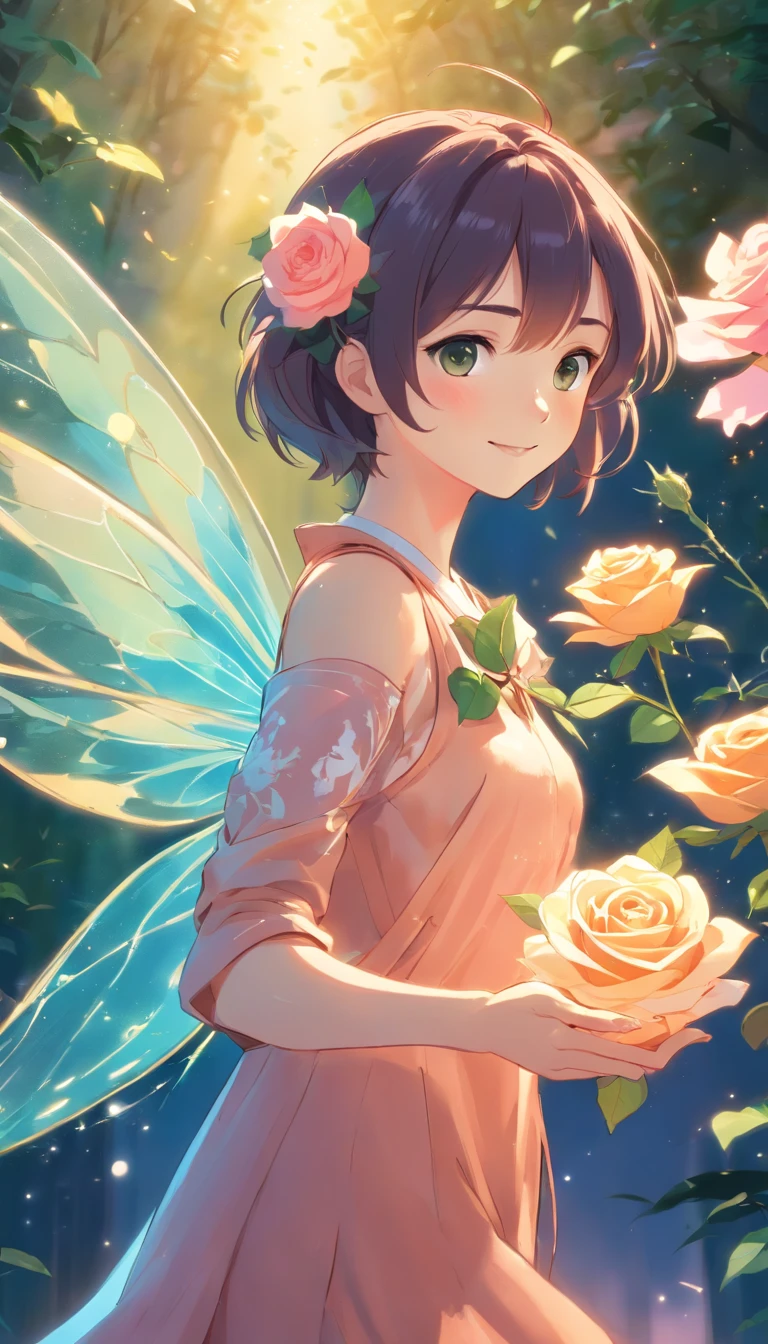 a drawing of a fairy with a rose in her hand, study of a flower fairy, fairy aesthetics, space flower fairy, faerie, portrait of a fairy, portrait of fairy, smiling as a queen of fairies, queen of the fairies, beautiful fairy, the non-binary deity of spring, fairy queen, elf girl wearing an flower suit, fairylike