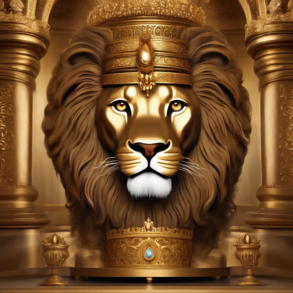 In the heart of a sumptuous palace, A majestic lion with a king's crown adorns its head, sitting stately on a solid gold throne. This lion, embora animal, assume uma postura e semblante humanoides, as if he had the wisdom and authority of an 18th-century Persian ruler. Their coat is thick and majestic, and his eyes radiate an intense serenity and confidence.
The royal robes he wears are a testament to the splendor of the Persian Empire of the time. Um manto de seda ricamente bordado com fios de ouro envolve seu corpo, em tons profundos de azul e roxo, with intricate patterns that tell stories of past greatness. He wears stunning jewelry, incluindo braceletes e colares cravejados de gemas preciosas, cada uma refletindo a riqueza da terra persa.
O trono de ouro, ornamentado com detalhes minuciosos e incrustado com pedras preciosas, It is a masterpiece of art and engineering. It is positioned in an equally grand hall, with high columns and vaulted ceilings decorated with frescoes chronicling the empire's conquests and achievements. An atmosphere of majesty and power surrounds this scenario, remembering the glory days of the Persian Empire in the 18th century.