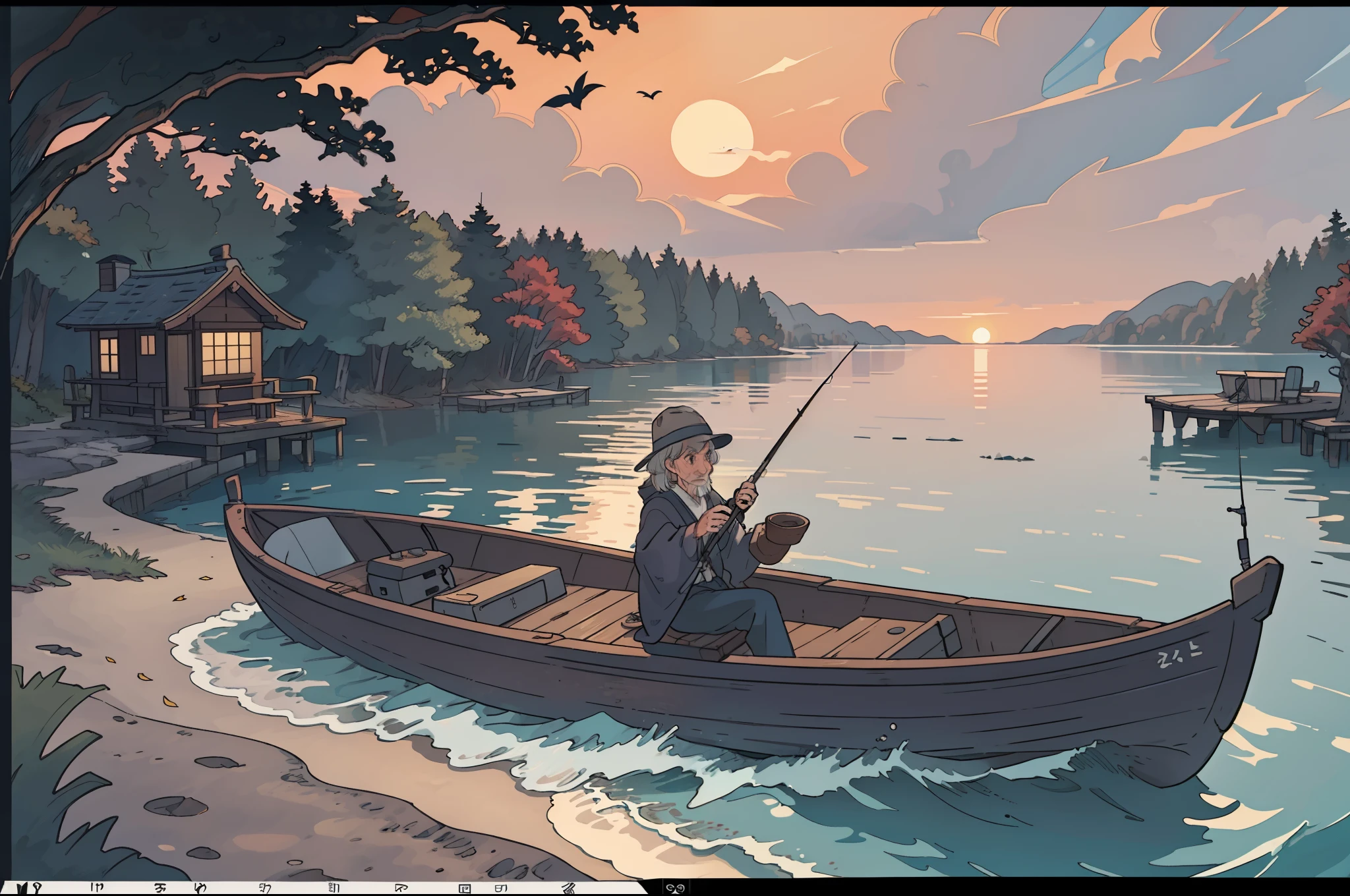 An very old fisherman, sitting in a wooden boat, fishing around of an isolated island, very dark sand on the beach, trees with autumn leaves, Japanese isolated little island, cloudy day, sunset, highly detailed, viewed from drone flying high over the sea, high point of view, great angular, medium shot. Photorealistic.