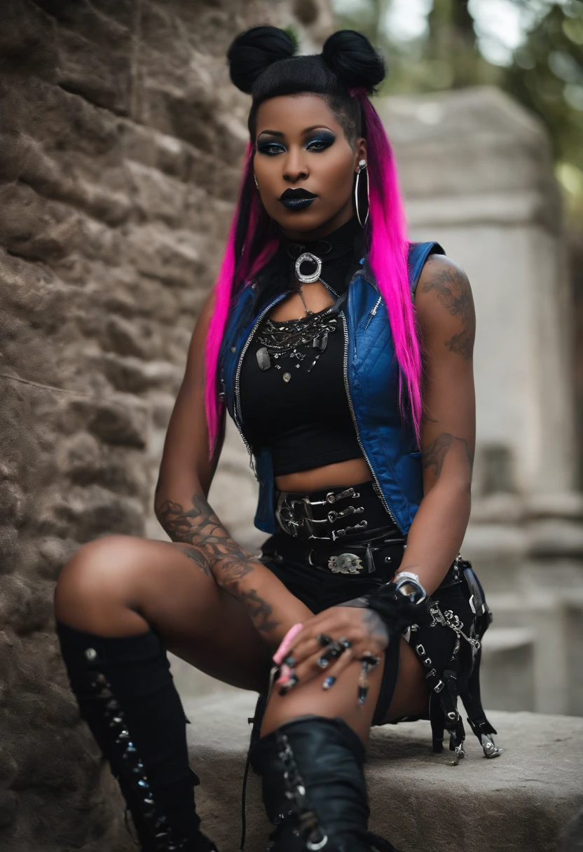seductive punk goth girl, latex jacket, latex shorts, Choker, wet thin tank top, pink and white hair, Long bangs, pigtails, black lips, pouty lips, Medium GRD, Athletic body, athletic toned butt, Girl from Europe, lots of tattoos, Not a model, Street , Dark atmosphere, The skin is shiny with sweat, Gloomy room, twilight, Chokes, Kneeling;, pain, astonishment, red fluid, leakage from the mouth, Camera from above, A girl's look from her forehead, choking on red water, Hiccup, Kneeling, Tired,A girl's look from her forehead, choking on red water,blood from the mouth, Hiccups