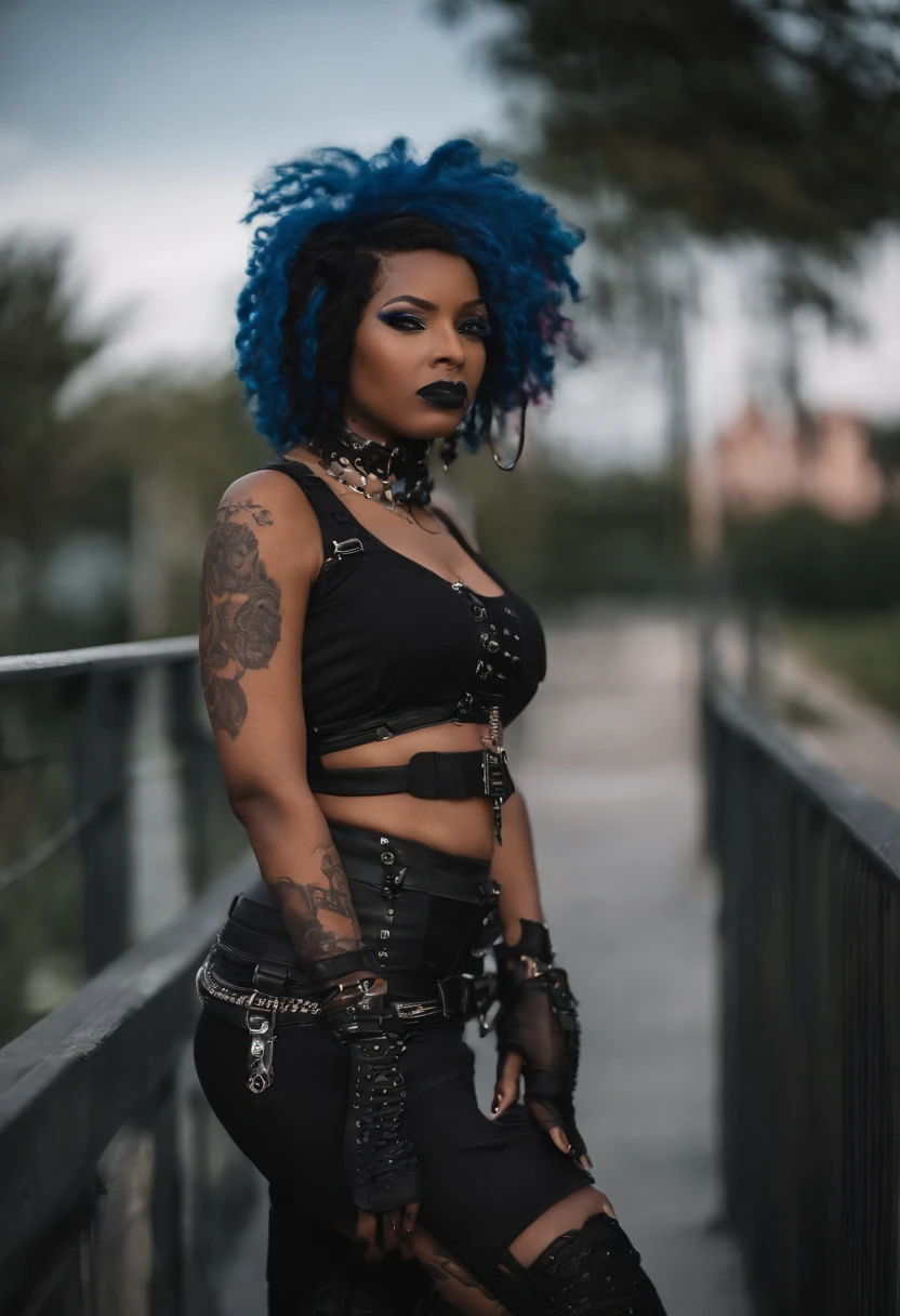 dark skin girl with two toned hair and punk clothes, Cybergoth, ((African-American descent)) Ebony woman dressed in crustpunk clothes, Gothic clothes, Gothic punk clothes, big breasts, thick thighs, curvy hips, Gothic - Cyberpunk, Gothic clothes, Gothic fashion, Dressed in punk clothes, Dollpunk, wearing modern gothic clothes, Gothic and futuristic, Gothic outfit, Punk outfit, Punk girl, Punk style, Gothic style (black:1.5, blue:1.3, pink:1.3)