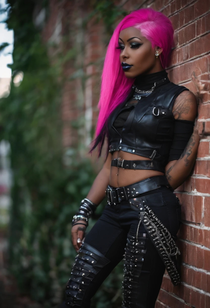 dark skin girl with two toned hair and punk clothes, Cybergoth, ((African-American descent)) Ebony woman dressed in crustpunk clothes, Gothic clothes, Gothic punk clothes, big breasts, thick thighs, curvy hips, Gothic - Cyberpunk, Gothic clothes, Gothic fashion, Dressed in punk clothes, Dollpunk, wearing modern gothic clothes, Gothic and futuristic, Gothic outfit, Punk outfit, Punk girl, Punk style, Gothic style (black:1.5, blue:1.3, pink:1.3)