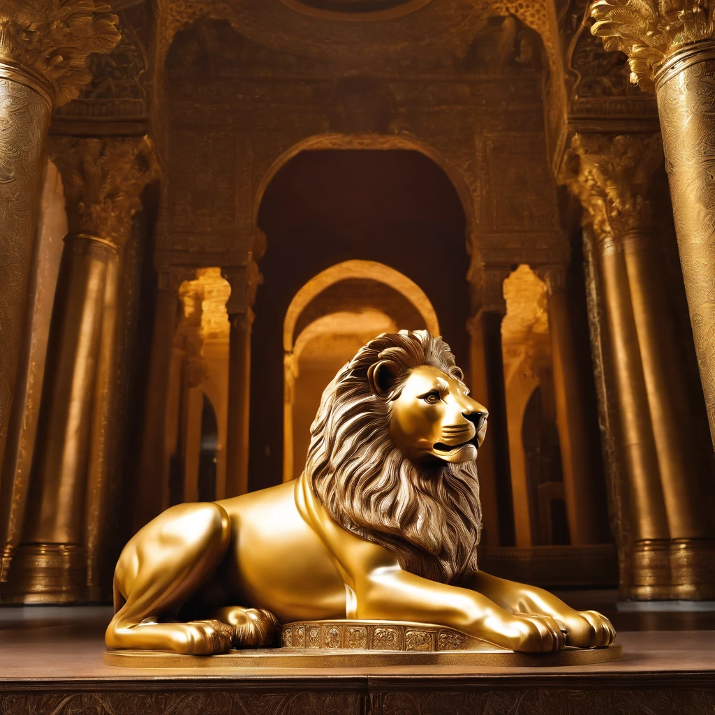 In the heart of a sumptuous palace, A majestic lion with the crown of a king adorns its head, sitting stately on a solid gold throne. This lion, embora animal, assume uma postura e semblante humanoides, as if he had the wisdom and authority of an 18th-century Persian ruler. Its coat is thick and majestic, and his eyes radiate an intense serenity and confidence.
The royal robes he wears are a testament to the splendor of the Persian Empire of the time. Um manto de seda ricamente bordado com fios de ouro envolve seu corpo, em tons profundos de azul e roxo, with intricate patterns that tell stories of past greatness. Ele usa joias impressionantes, incluindo braceletes e colares cravejados de gemas preciosas, cada uma refletindo a riqueza da terra persa.
O Trono de Ouro, ornamentado com detalhes minuciosos e incrustado com pedras preciosas, It is a masterpiece of art and engineering. It is positioned in an equally large hall, with high columns and vaulted ceilings decorated with frescoes chronicling the conquests and conquests of the empire. An atmosphere of majesty and power surrounds this setting, remembering the glory days of the Persian Empire in the 18th century.