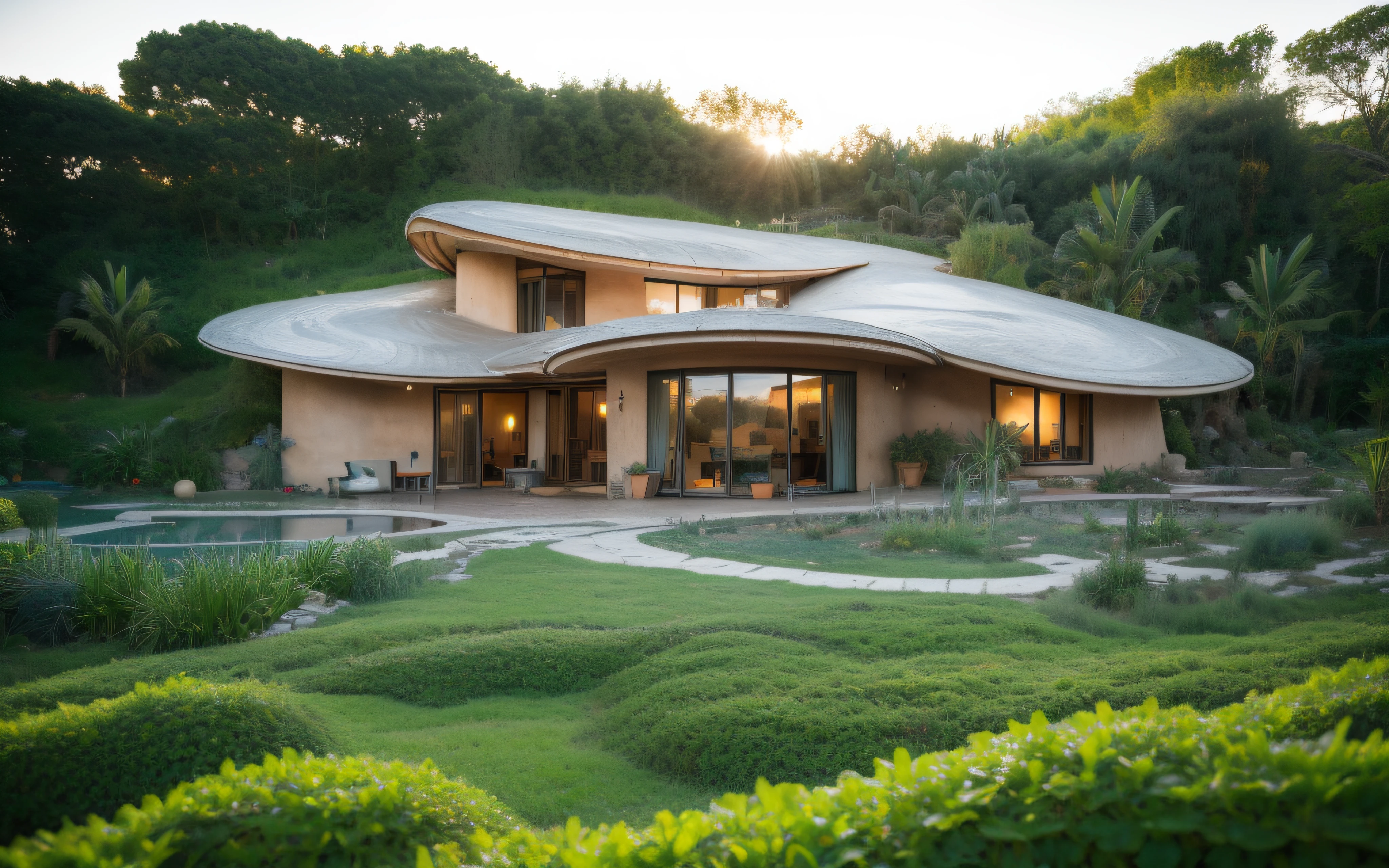 A photographyof a imposing contemporary modern sigle storey house with a organic curved angular rounded corners walls and greenroof in tropical backyard with a ((biological pool)), plaster (((rustic mud stucco terracotta))) and a (((wave shape greenroof with a wood edge))), (((wood and rake fascia roof))), eaves, porch, ((timber frame roof)), in the bali (((tropical garden))), ((rounded corners walls)), ((rustic mud plaster)), (((curved organic rounded corners walls))), (((rustic earth plaster, mud clay stucco))), natural houses, ((hadid bali hobbit style)), Organic Buildings, Organic Architecture, Ecovillage, Sustainable Architecture, Biobuilding, Solarpunk Architecture, (((Grass Roof, Green Roof, Green Wave Roof, Rounded Roof, vegetated roofs))), green architecture, Passive house, Rock Foundation, clean sky in background, Interdimensional Villa, a painful beauty, organic architecture, green house, Super Resolution, cinematic, color grading, editorial photography, photography, Photo Shoot, (((front eye top angle view dramatic))), Spring 50mm, Depth of Field, Intricate Details, Natural Colors, Sharp Focus, Warm Light, Shutter Speed 1/1000, F/22, White Balance, Ray Trace Reflections, Lumen Reflections, Screen Space Reflections, Diffraction Classification, Chromatic Aberration, GB Offset, Partial Illumination, Backlight, Natural Illumination, Sweep Lines, Ambient Occlusion, Anti-Aliasing, Shaders, OpenGL-Shaders, GLSL-Shaders, Post Processing, Post Production, The Shading, Tone Mapping, Insanely detailed and intricate, hypermaximalist, elegant, hyperrealistic, super detailed, dynamic pose, Fujifilm XT3