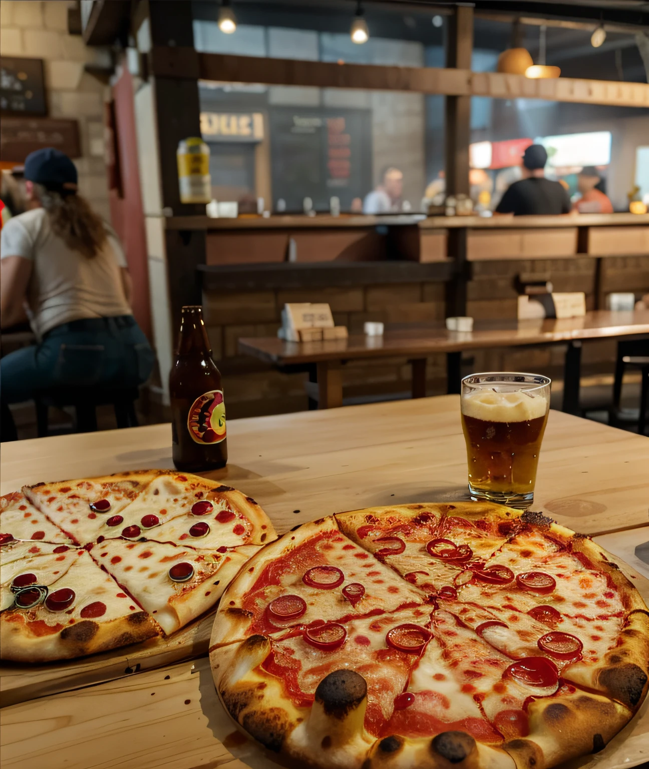 there are two pizzas on the table with a beer in the background, pizza in foreground, pizza on a table, woodfired, the pizza has a large cornicione, sharing a pizza, the leaning tower of pizza, 2 4 mm iso 8 0 0, pizza!, buzzed sides, pizza is everywhere, pizza pie, braavos, pizza