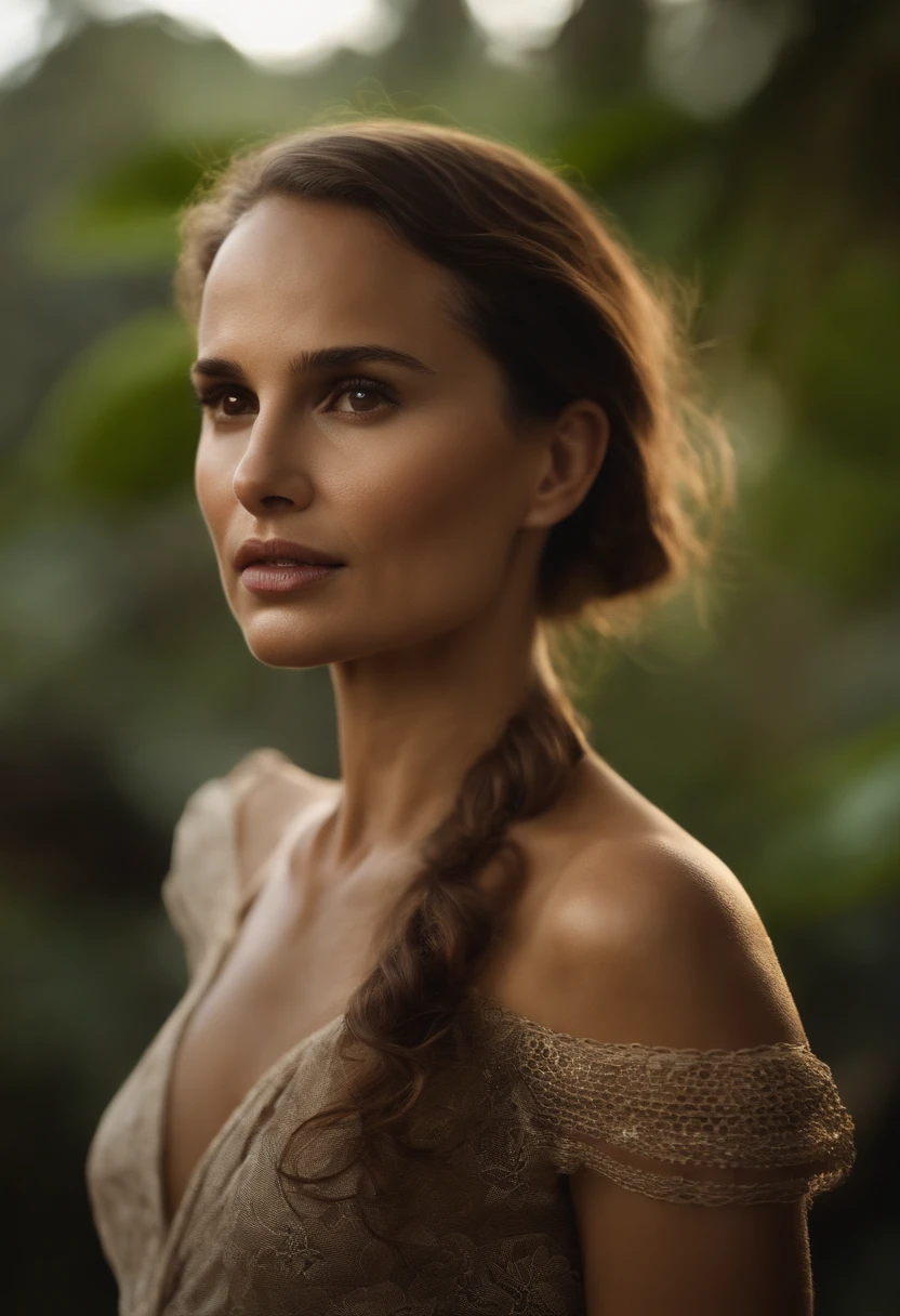 front-on, Retrato de close-up extremo de Natalie Portman nua olhando para o espectador, na ilha tropical, brown hair (master part, Pele extremamente detalhada, fotorrealista, dramatic and cinematic lighting, luz da chave, luz de enchimento)