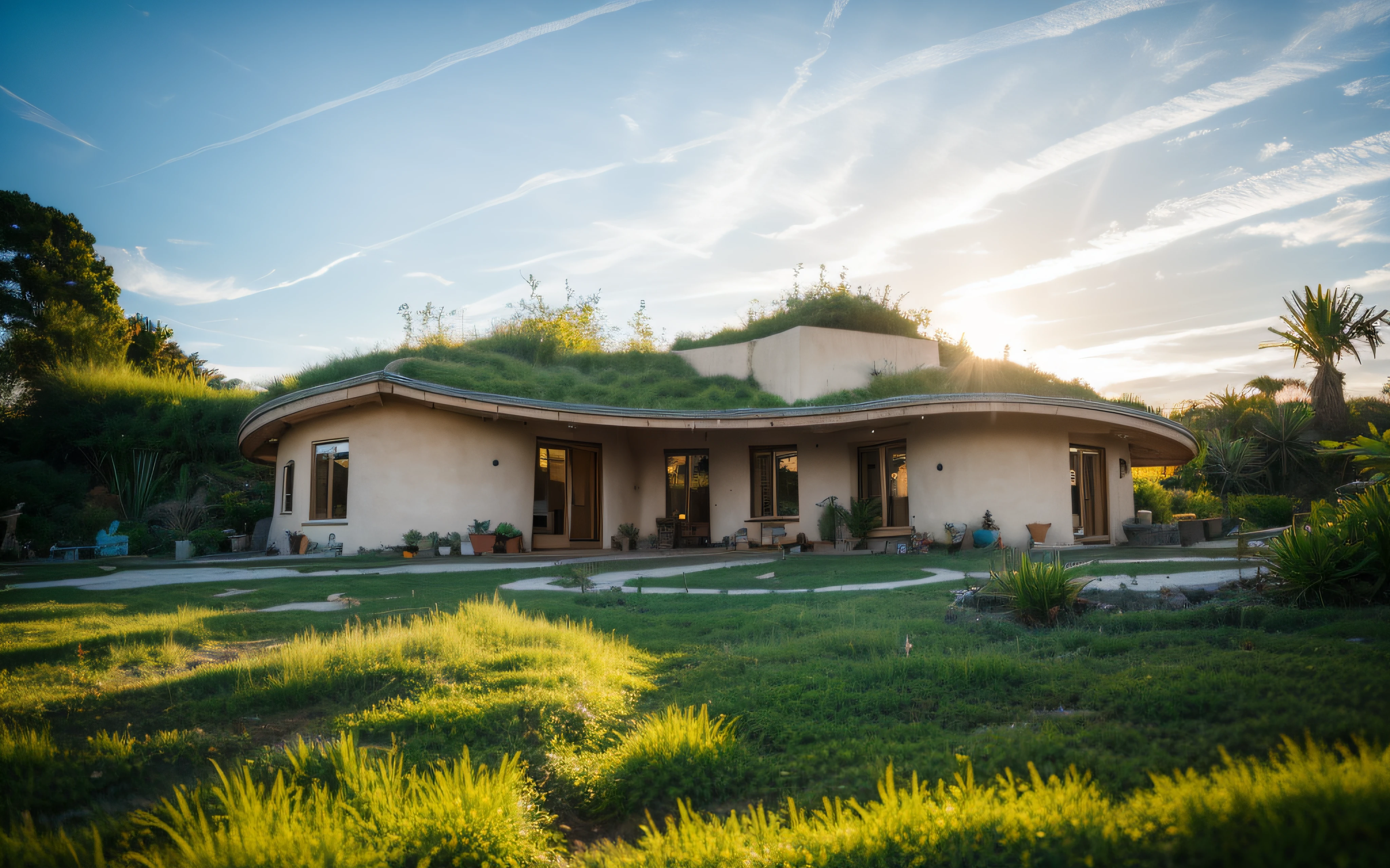 A photographyof a imposing contemporary modern sigle storey house with a organic curved angular rounded corners walls and greenroof in tropical backyard with a ((biological pool)), plaster (((rustic mud stucco terracotta))) and a (((wave shape greenroof with a wood edge))), (((wood and rake fascia roof))), eaves, porch, ((timber frame roof)), in the bali (((tropical garden))), ((rounded corners walls)), ((rustic mud plaster)), (((curved organic rounded corners walls))), (((rustic earth plaster, mud clay stucco))), natural houses, ((hadid bali hobbit style)), Organic Buildings, Organic Architecture, Ecovillage, Sustainable Architecture, Biobuilding, Solarpunk Architecture, (((Grass Roof, Green Roof, Green Wave Roof, Rounded Roof, vegetated roofs))), green architecture, Passive house, Rock Foundation, clean sky in background, Interdimensional Villa, a painful beauty, organic architecture, green house, Super Resolution, cinematic, color grading, editorial photography, photography, Photo Shoot, (((front eye top angle view dramatic))), Spring 50mm, Depth of Field, Intricate Details, Natural Colors, Sharp Focus, Warm Light, Shutter Speed 1/1000, F/22, White Balance, Ray Trace Reflections, Lumen Reflections, Screen Space Reflections, Diffraction Classification, Chromatic Aberration, GB Offset, Partial Illumination, Backlight, Natural Illumination, Sweep Lines, Ambient Occlusion, Anti-Aliasing, Shaders, OpenGL-Shaders, GLSL-Shaders, Post Processing, Post Production, The Shading, Tone Mapping, Insanely detailed and intricate, hypermaximalist, elegant, hyperrealistic, super detailed, dynamic pose, Fujifilm XT3