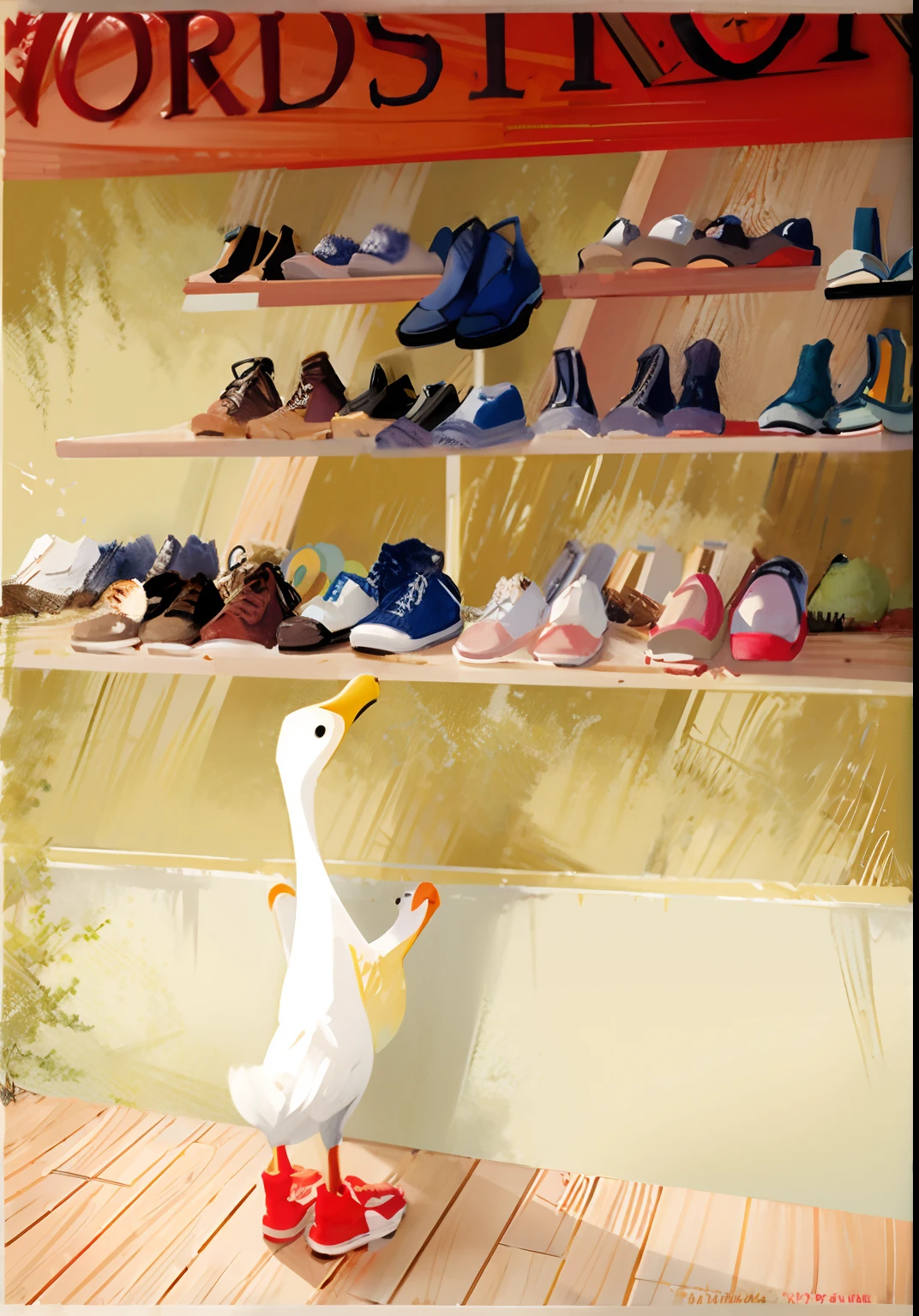 painting of a duck standing in front of a shoe shelf, sapatos de pato, SHOES, Directed by: Raymond Briggs, Directed by: Leiko Ikemura, sneaker, Directed by: Paul Bodmer, illustration!, Michael Coruja, gary larson, Ricardo Amsel, inspirado em Raymond Briggs, Kathy Zyduck, Directed by: Zsuzsa Máthé, Gansos, Por Rainer Hosch