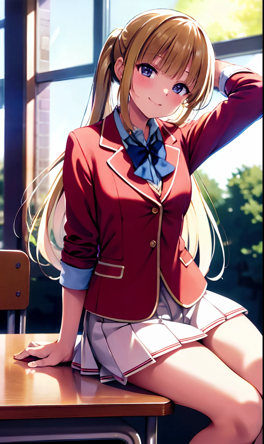 (masterpiece), (best quality), (illustration), (beautiful detailed), (highres), (youjitsukei), white skirt, brown footwear, miniskirt, pleated skirt, red jacket, looking at viewer, table, chair, arms behind head, sitting, sunset, (school uniform), white shirt, smile, blush, indoors, window, [building], classroom, table, (coffee:0.5),