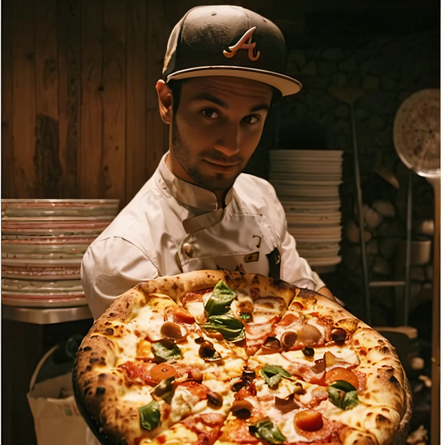 arafed man holding a pizza in a kitchen with a pizza cutter, presenting a large pizza, the pizza has a large cornicione, holding a large pizza!!!, holding up a pizza, holding pizza, presenting pizza, artwork masterpiece, tasty, by Matt Cavotta, cooking pizza, pizza pie, ❤🔥🍄🌪