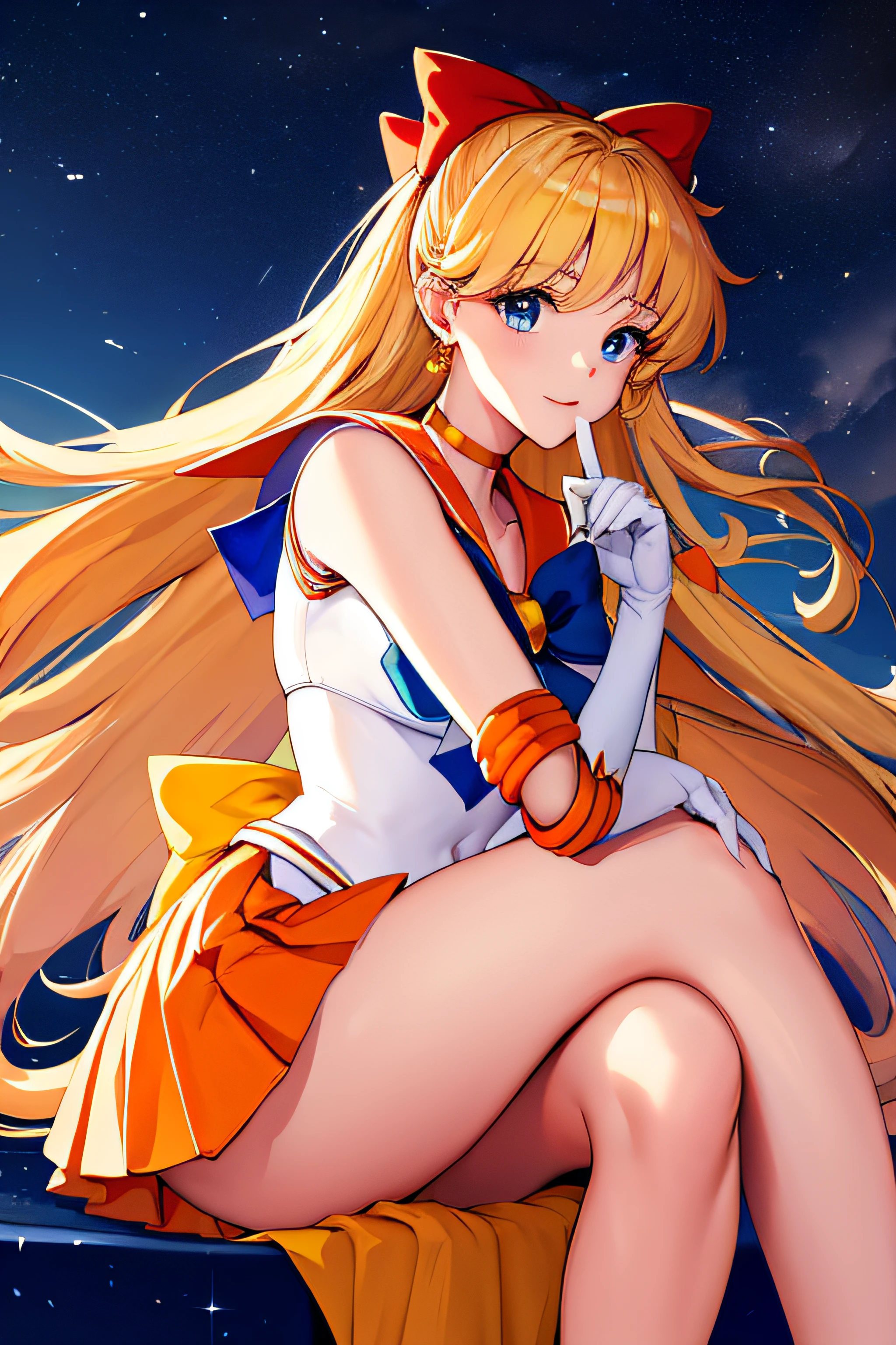 masterpiece, best quality, highres, venus1, 1girl, solo, sailor senshi uniform, sailor venus, aino minako, blonde hair, magical girl, blue eyes, orange skirt, elbow gloves, tiara, pleated skirt, hair bow, orange sailor collar, miniskirt, choker, red bow, orange choker, white gloves, very long hair,  jewelry,  earrings, sitting, crossed legs,