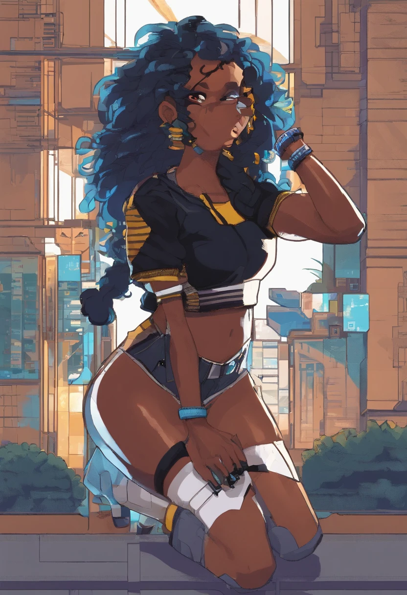 Solo, 1girl, huge breasts, cleavage, milf, plump, huge ass, thick thighs, dark skin, African woman is posing for an photo((seductive pose)), smug smile, black dreadlocks, thicc ebony woman wearing an elbow-length black shirt with a yellow and white sport shirt with the number "5" over it, blue denim shorts, black leggings, brown bandages/bracelets around her wrists, white high socks with two blue stripes on them and black low-heeled boots, character art closeup, black anime manga girl, striking detailed artstyle, commission for high res, high detailed official artwork, highly detailed character design, high detail iconic character, heavy gesture style closeup, highly detailed exquisite art
