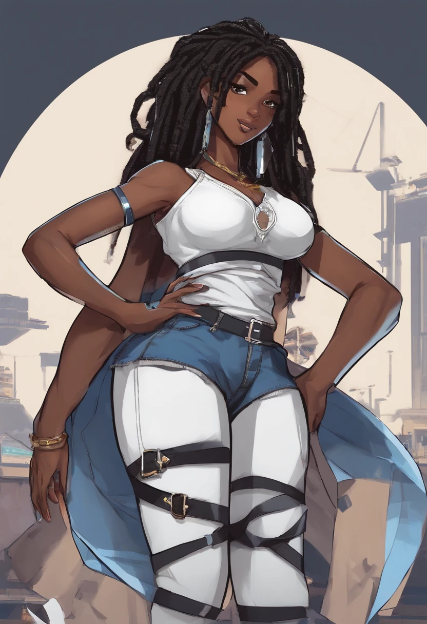 an Arab woman in her twenties, mid-length curly black hair, dark skin, small breasts, ice blue eyes, black tattoo on the left arm, she nude!!!, penis instead of a pussy, arms crossed, black baseball cap, arrogant, ghetto, sexy body, digital art style