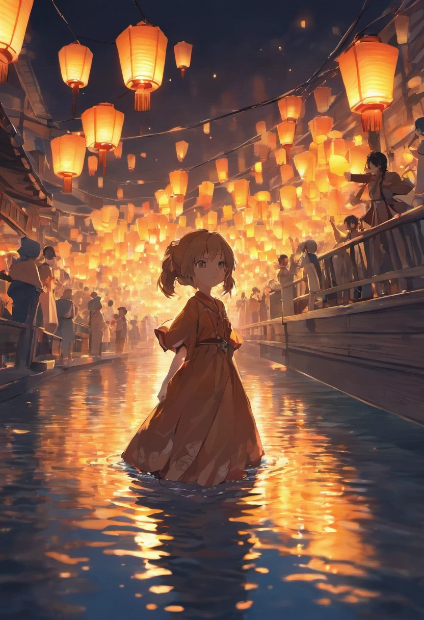 1 The little girl puts the river lantern by the river，Many sky lanterns are lit on the water, Floating lights, cinematic light and reflections, Glowing lights! Intermediate metaverse elements，Digital painting, glowing reflections, Pondering. By Makoto Shinkai, Floating lanterns, calm evening. Digital illustration, beautiful ambiance, Sky lights at night, serene evening atmosphere, Beautiful digital artwork, low details. Digital painting, beautiful ambiance