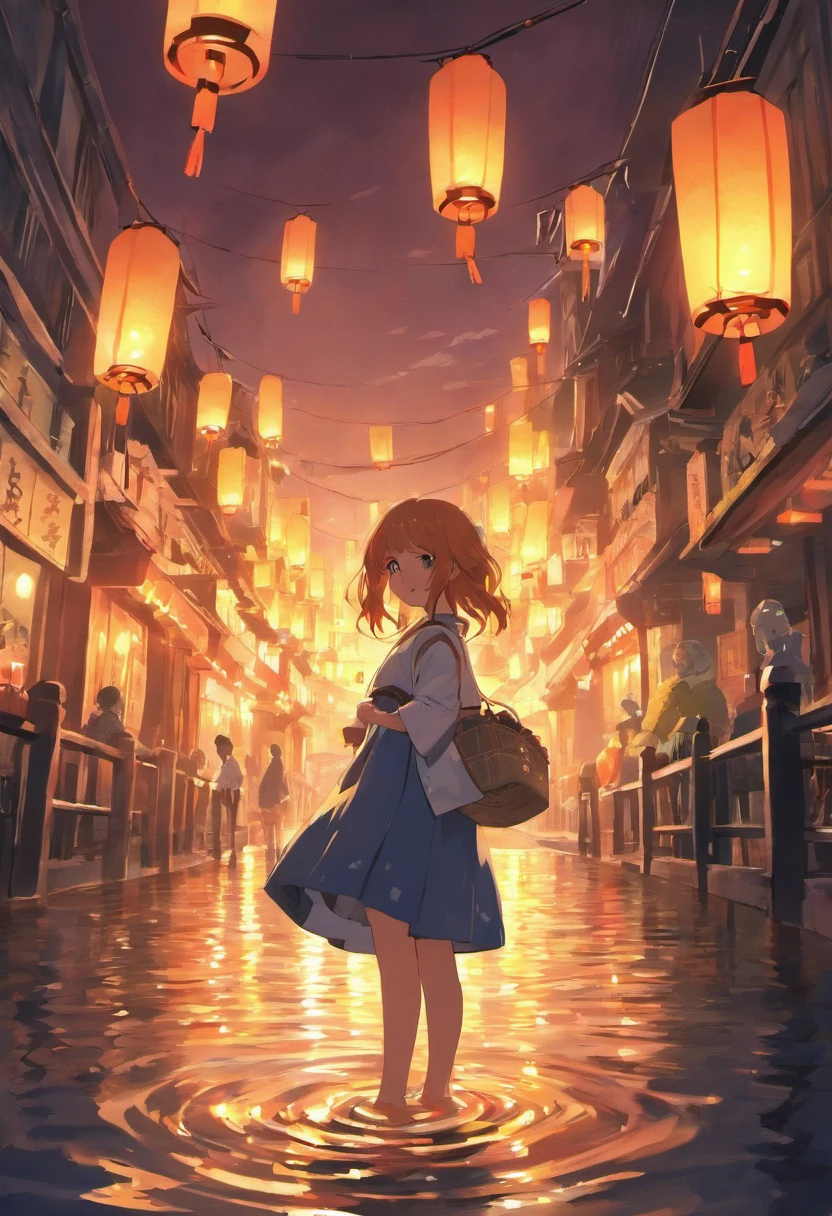 1 The little girl puts the river lantern by the river,Many sky lanterns are lit on the water, Floating lights, cinematic light and reflections, Glowing lights! Intermediate metaverse elements,Digital painting, glowing reflections, Pondering. By Makoto Shinkai, Floating lanterns, calm evening. Digital illustration, beautiful ambiance, Sky lights at night, serene evening atmosphere, Beautiful digital artwork, low details. Digital painting, beautiful ambiance