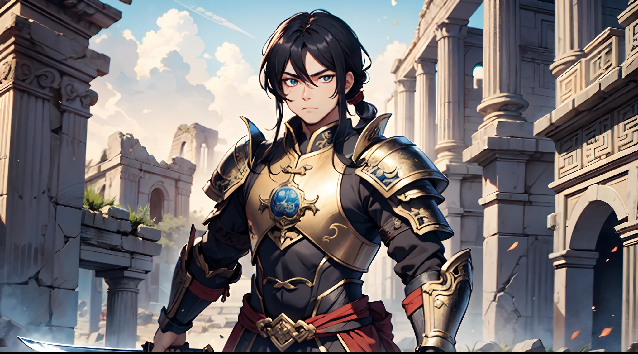 1 Boy, Chinese Emperor, Armored With Pure Black Armor, Holding A Sword, Handsome, Long Black Hair, Pure White Pupil Eyes, 8k, Ultra High Definition, Ancient Ruins Background, Hair Tied