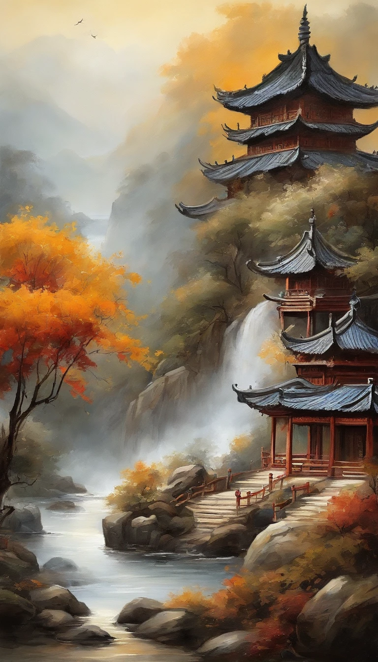 Quaint Han Dynasty style temple,Vista is a monk meditating in front of a temple(closeup cleavage),Meditate,zazen,A meditative(Chinese landscape painting),(ink and watercolor painting),(8k wallpaper),(light and shadow effect),rendering by octane,White balance design,Extremely detailed picture depiction,wide angles,depth of fields,tmasterpiece,realisticlying,Beautifully depicted,A detailed,acurate,Works of masters,tmasterpiece