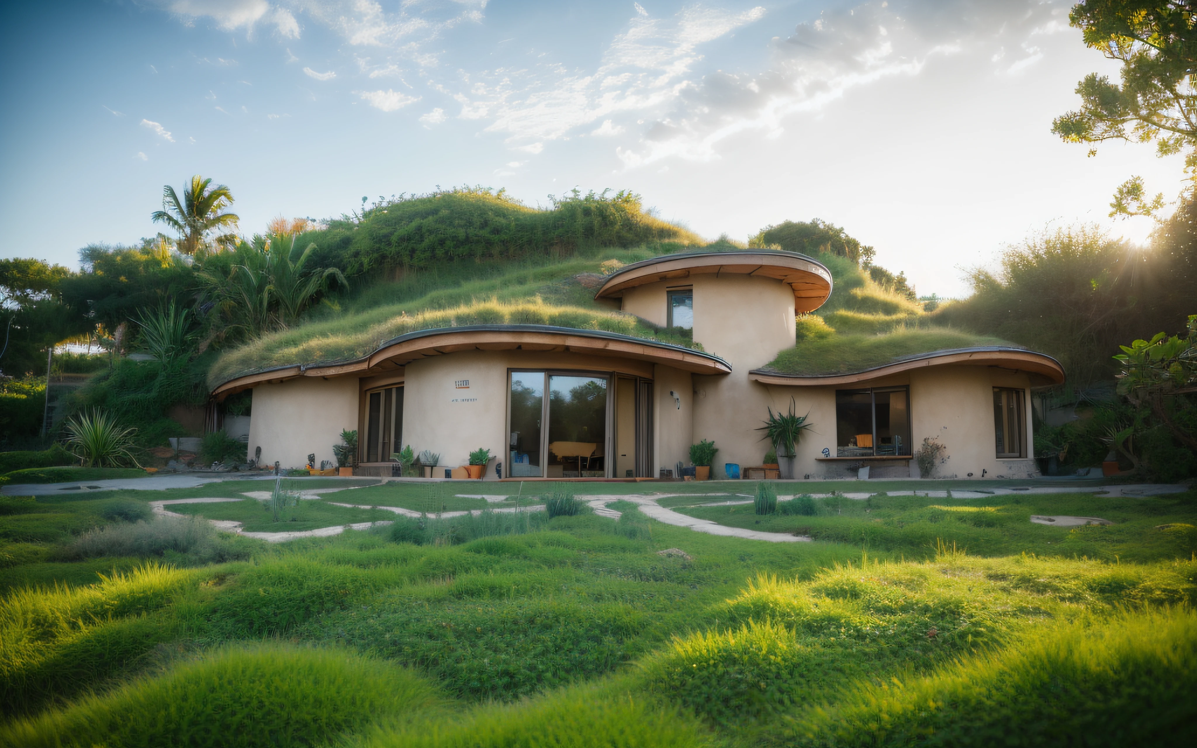 A photographyof a imposing contemporary modern sigle storey house with a organic curved angular rounded corners walls and greenroof in tropical backyard with a ((biological pool)), plaster (((rustic mud stucco terracotta))) and a (((wave shape greenroof with a wood edge))), (((wood and rake fascia roof))), eaves, porch, ((timber frame roof)), in the bali (((tropical garden))), ((rounded corners walls)), ((rustic mud plaster)), (((curved organic rounded corners walls))), (((rustic earth plaster, mud clay stucco))), natural houses, ((hadid bali hobbit style)), Organic Buildings, Organic Architecture, Ecovillage, Sustainable Architecture, Biobuilding, Solarpunk Architecture, (((Grass Roof, Green Roof, Green Wave Roof, Rounded Roof, vegetated roofs))), green architecture, Passive house, Rock Foundation, clean sky in background, Interdimensional Villa, a painful beauty, organic architecture, green house, Super Resolution, cinematic, color grading, editorial photography, photography, Photo Shoot, (((front eye top angle view dramatic))), Spring 50mm, Depth of Field, Intricate Details, Natural Colors, Sharp Focus, Warm Light, Shutter Speed 1/1000, F/22, White Balance, Ray Trace Reflections, Lumen Reflections, Screen Space Reflections, Diffraction Classification, Chromatic Aberration, GB Offset, Partial Illumination, Backlight, Natural Illumination, Sweep Lines, Ambient Occlusion, Anti-Aliasing, Shaders, OpenGL-Shaders, GLSL-Shaders, Post Processing, Post Production, The Shading, Tone Mapping, Insanely detailed and intricate, hypermaximalist, elegant, hyperrealistic, super detailed, dynamic pose, Fujifilm XT3