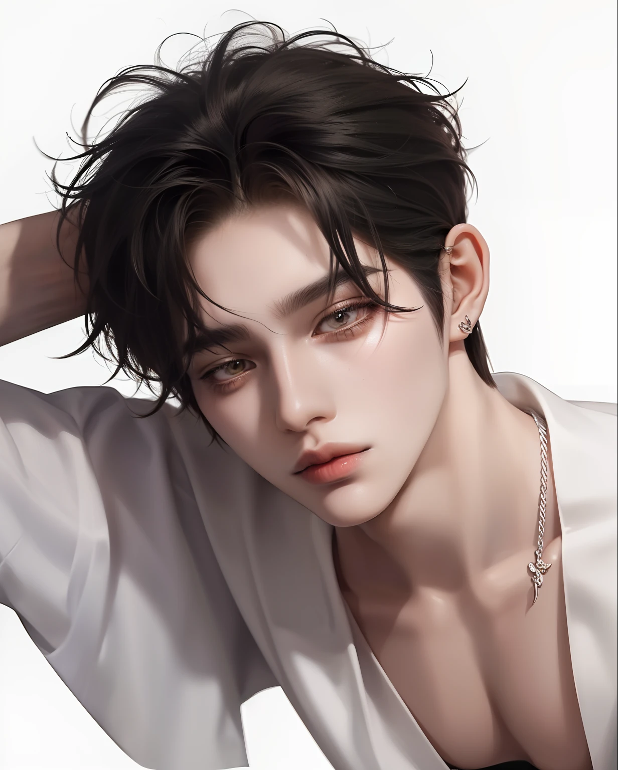 ((1man))),((ulzzang)),((messy hair)),handsome,((man)),(white background),necklace,tattoo,((korean)),model,posing,((shorthair)),sensuality eyes,((crop top))