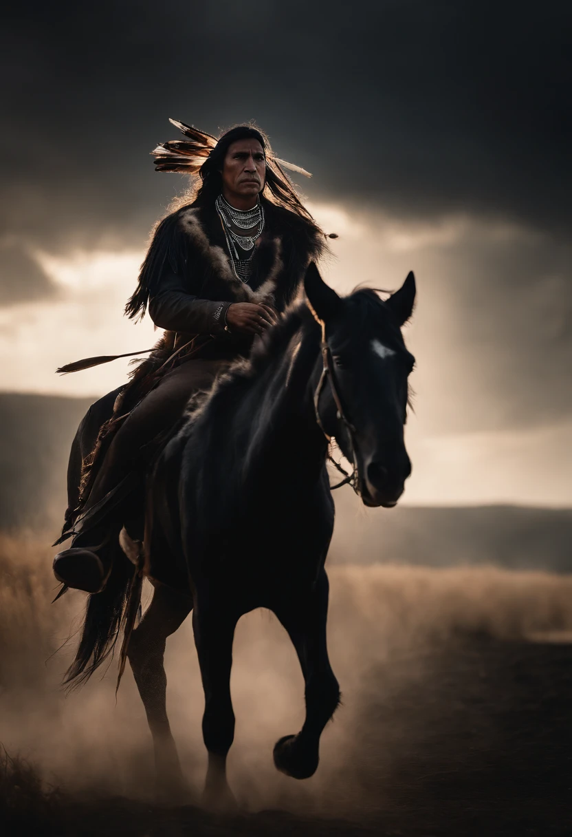 A Native american man on black horse. One of the Indian's hands is in the air and lightning is coming out of his hand. The black wolf coming towards them from afar