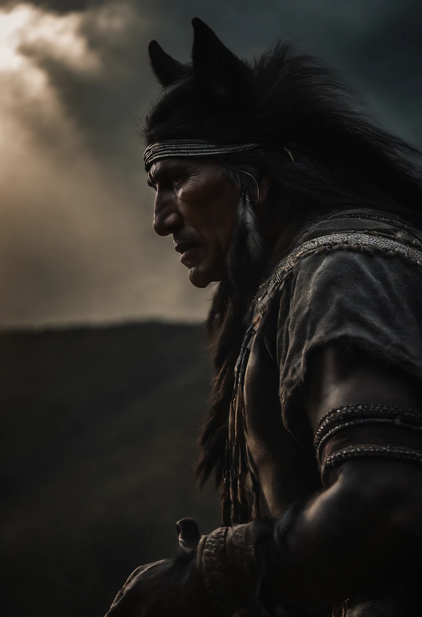 A Native american man on black horse. One of the Indian's hands is in the air and lightning is coming out of his hand. The black wolf coming towards them from afar