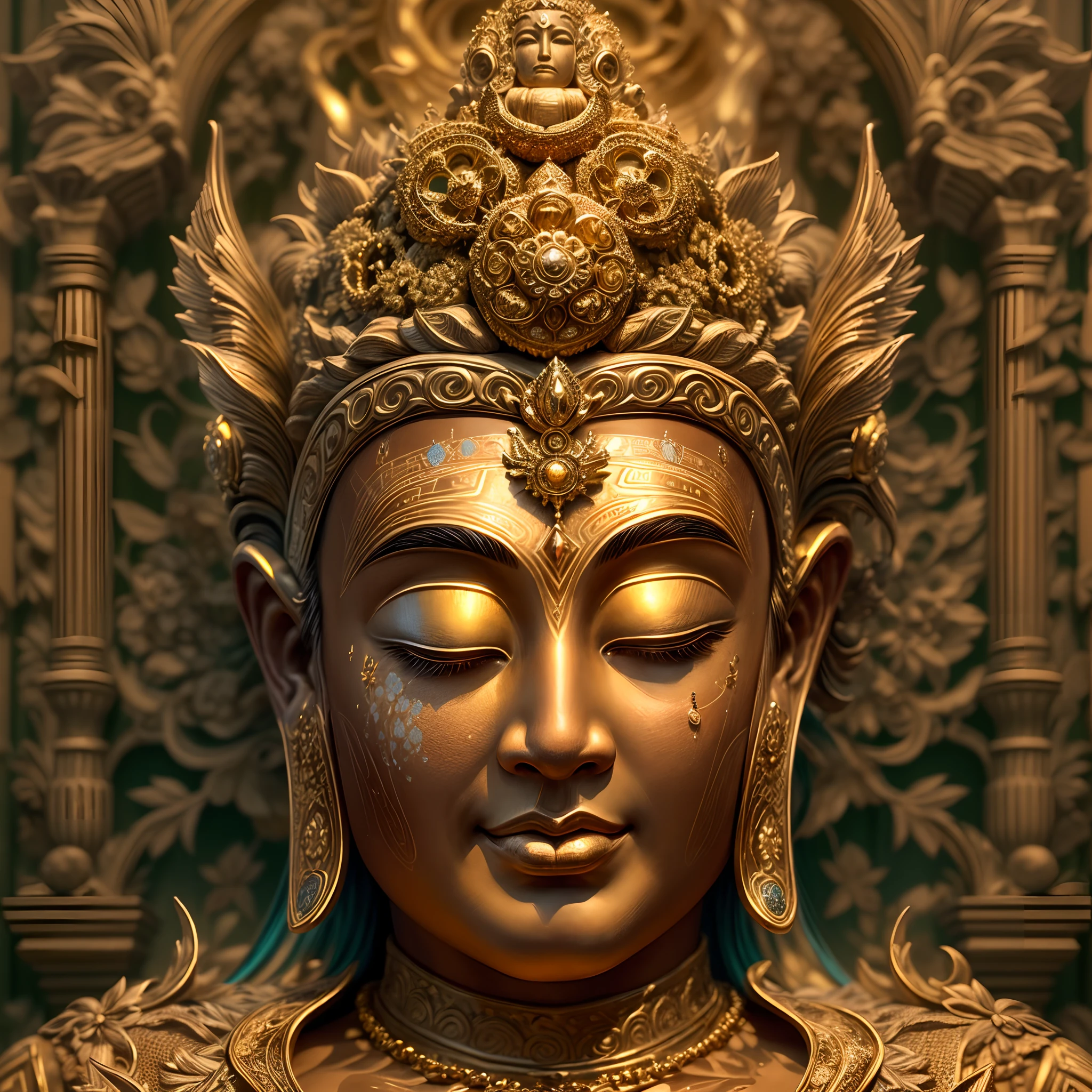 (golden Buddha statue:1.1), (man-portable Bazooka rockets:1.1), (shoulder-mounted rockets:1.1), (detailed, intricate, exquisite:1.2) craftsmanship, (ancient-inspired:1.1), (traditional, sacred, divine:1.1) art, (fine gold leaf:1.1) coating, (shimmering, radiant:1.1) glow, (serene, peaceful:1.1) expression, (tranquil, harmonious:1.1) atmosphere, (golden sparks:1.1) surrounding the statue, (impressive scale:1.1) emphasizing its grandeur, (ornate, decorative:1.1) adornments, (intricately carved:1.1) patterns, (elaborate, detailed:1.1) features, (majestic, towering:1.1) presence, (meticulous, skilled:1.2) craftsmanship, (powerful, realistic:1.1) depiction of man-portable Bazooka rockets, (sleek, streamlined:1.1) design, (cutting-edge, advanced:1.1) technology, (modern, innovative:1.1) weaponry, (intense, explosive:1.1) energy, (dazzling, vibrant:1.1) colors, (dynamic, action-packed:1.1) scene, (surreal, extraordinary:1.1) juxtaposition, (dramatic, striking:1.1) contrast between the ancient and the modern, (stunning, breath-taking:1.2) visual composition, (masterpiece:1.1) of art, (high-res, ultra-detailed:1.2) rendering, (captivating, mesmerizing:1.1) fusion of tradition and innovation.