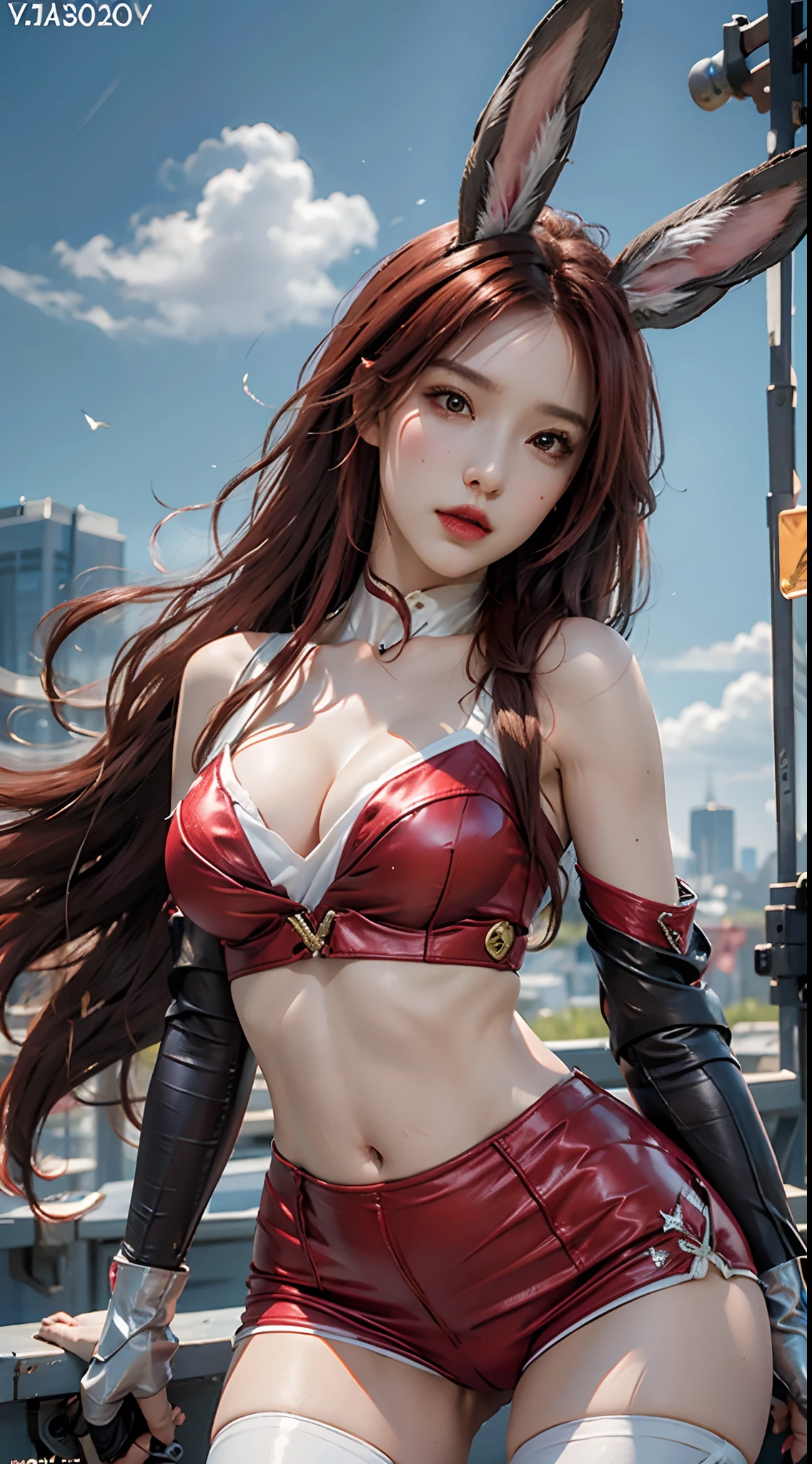 photorealistic, high resolution, 1women, solo, hips up, look at viewer, (detailed face), battle bunny miss fortune, red hair, bunny ears