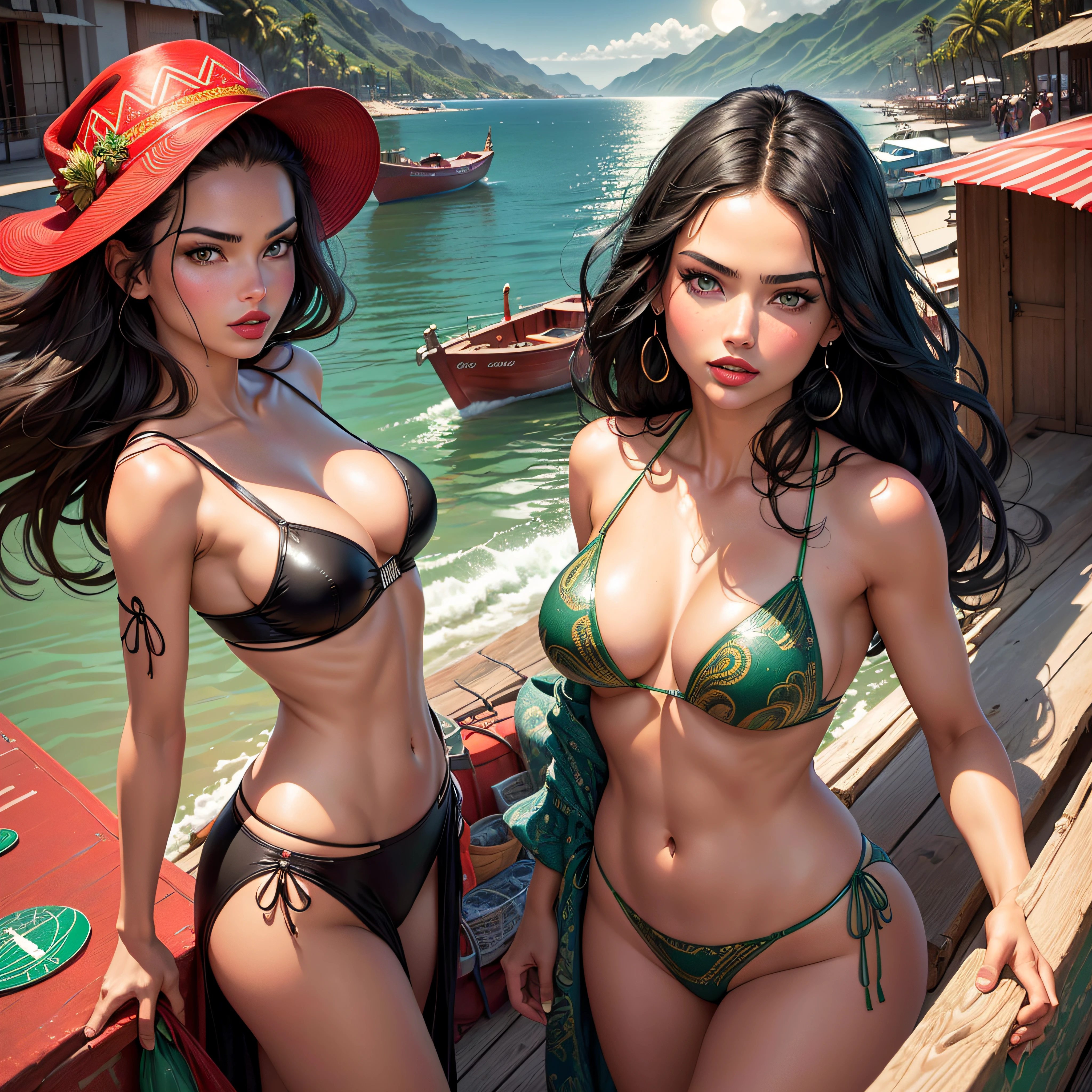 (Adriana Lima :1.1) red lips, green eyes in beautiful Peru Lima ocean, boats Stores, Galleries, street, night moon, is full , eye view (best quality，ultra - detailed, Illustration，Best shadow，masterpiece，A high resolution，professional artwork，famous artwork, In the style of Christian Riese Lassen Hawaii Artist