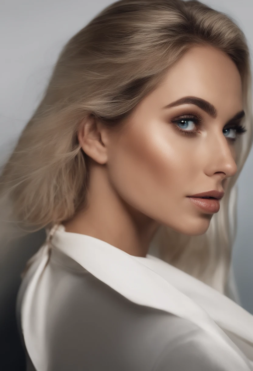 (master part: 1.2, extremely high quality), (foto real, detalhes intrincados), 1 mulher madura, sozinho, parte superior do corpo, sensual, cabelo na altura dos ombros, minimal makeup, Tecido natural, Rosto em close-up, sorrir, Casa, cabelos brancos, olhos azuis, orelhas de gato,