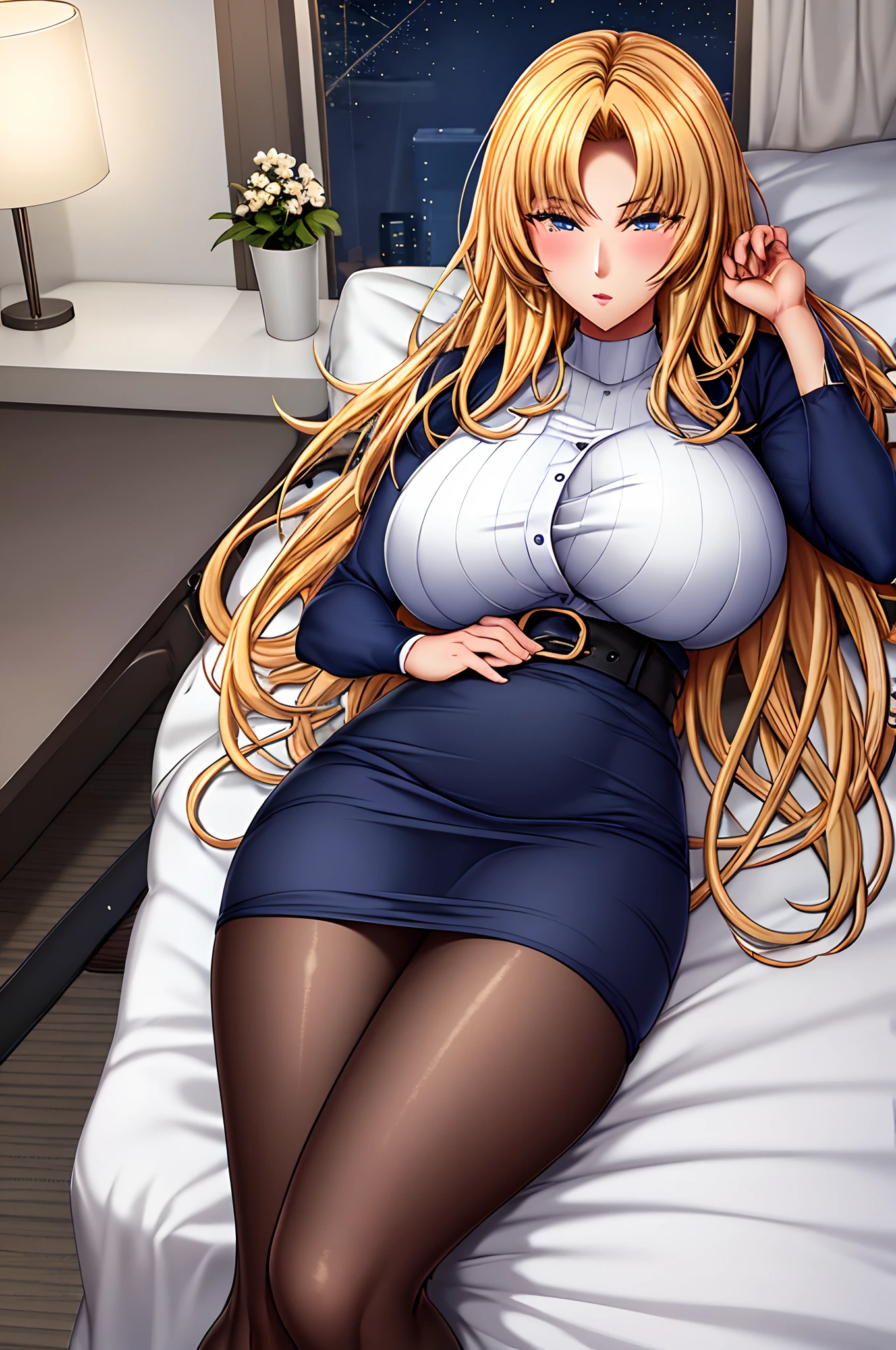 masterpiece, (best quality), game cg, highly_detailed, extremely_detailed_CG_unity_8k_wallpaper, illustration, highres, absurdres, pov, window shade, light particles,
1girl, solo, mature female, milf, indoors, night, bed, portrait,
blue shirt, pencil skirt, (black pantyhose),
(blue eyes), (blonde hair), long hair, lying, (huge breasts), looking_at_viewer, on back, on_bed